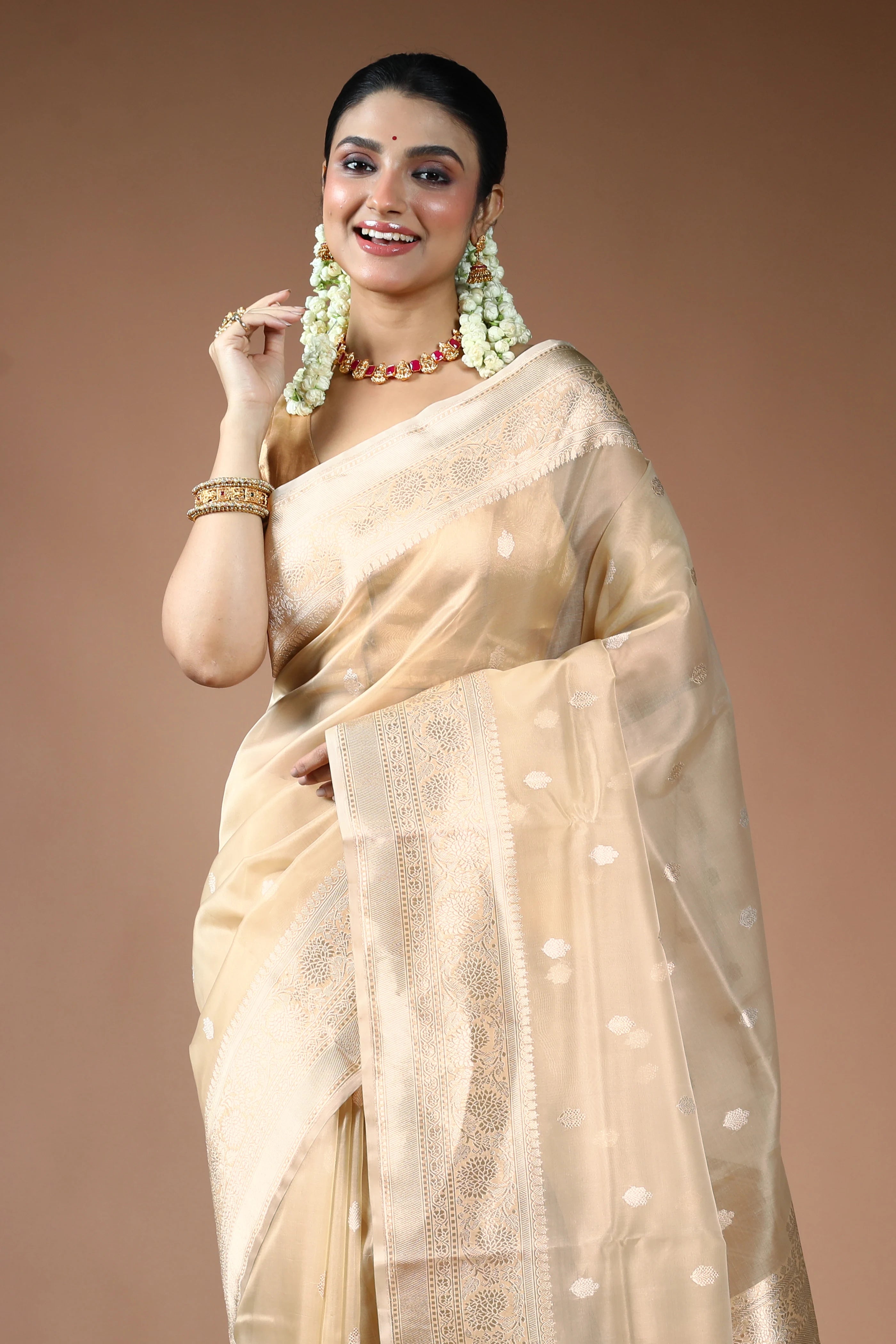 Beige Kora Banarasi Saree with Blouse Piece