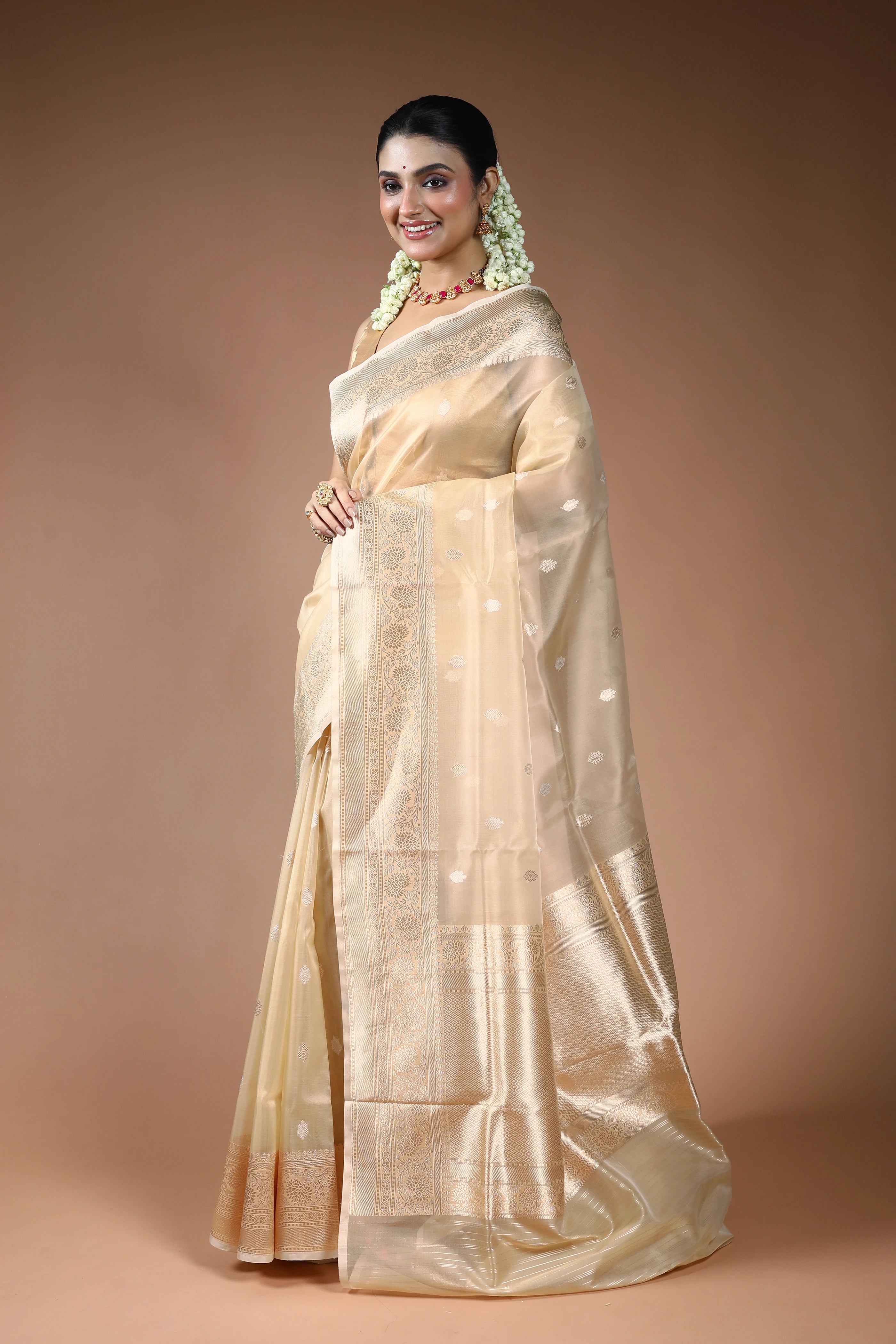 Beige Kora Banarasi Saree with Blouse Piece
