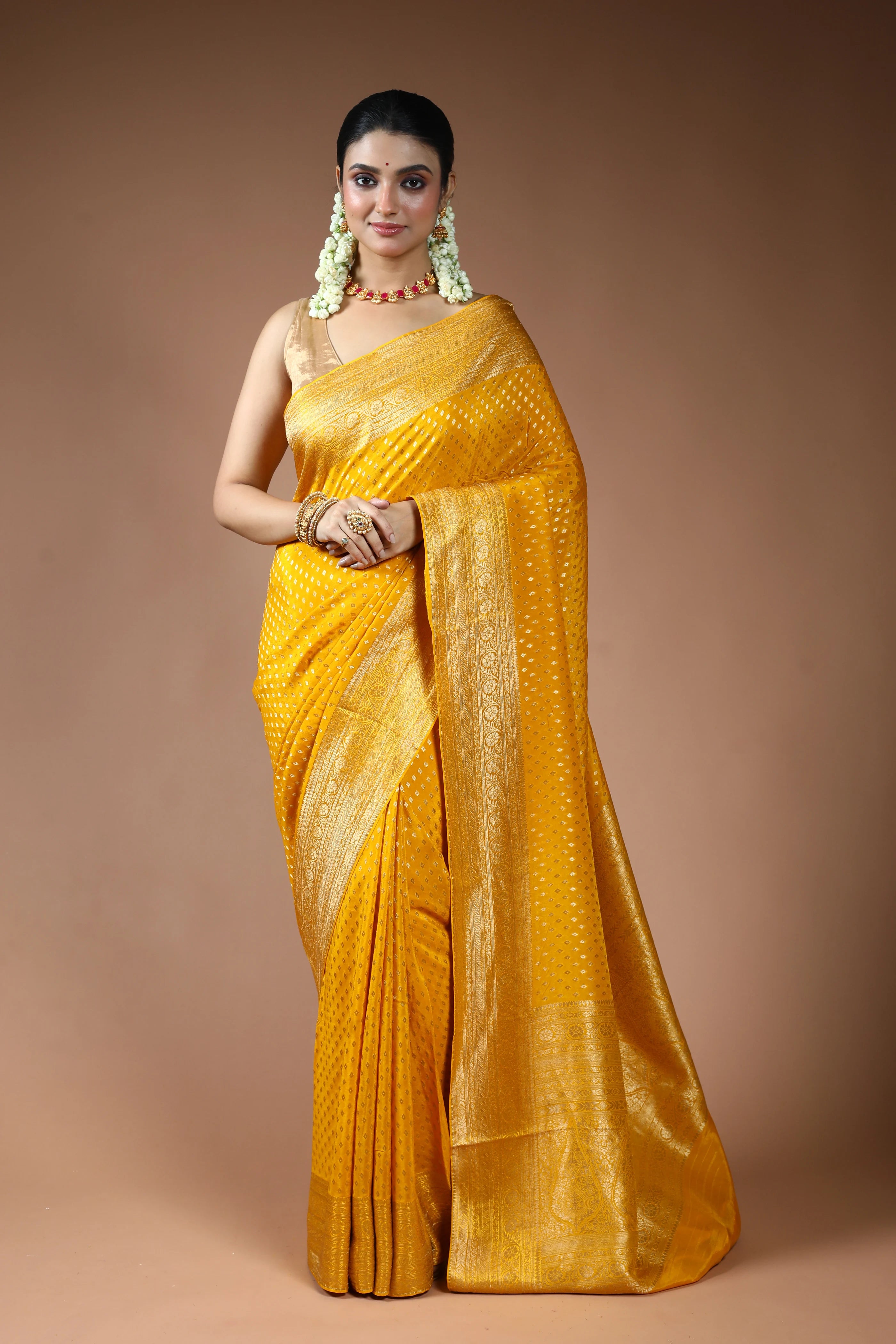Mustard Yellow Blended Mashru Saree with Blouse Piece