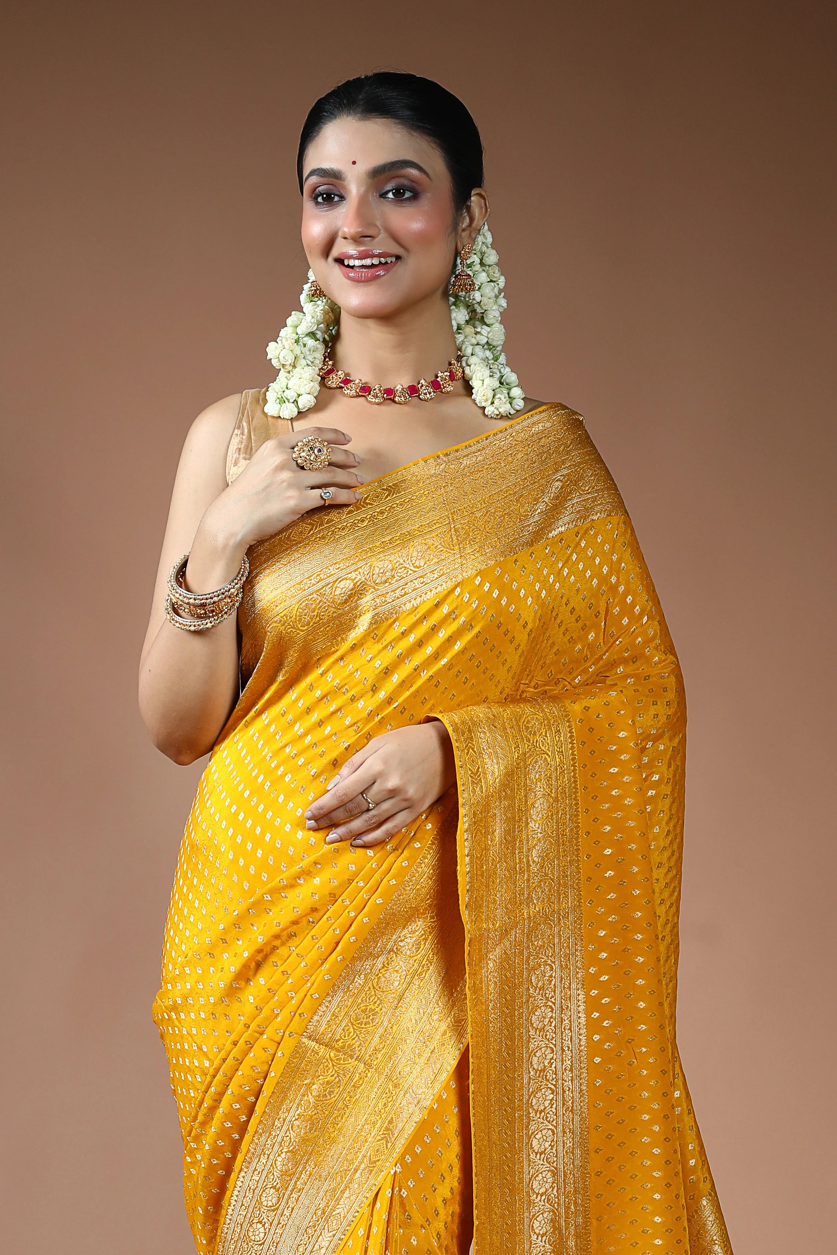 Mustard Yellow Blended Mashru Saree with Blouse Piece