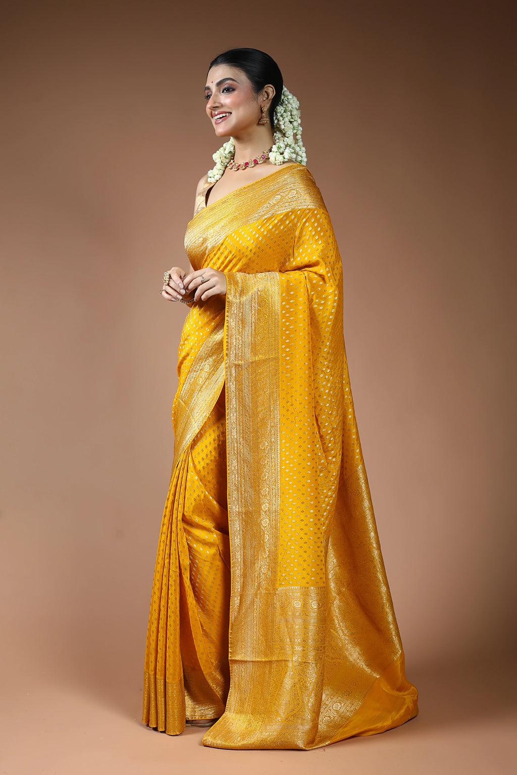 Mustard Yellow Blended Mashru Saree with Blouse Piece
