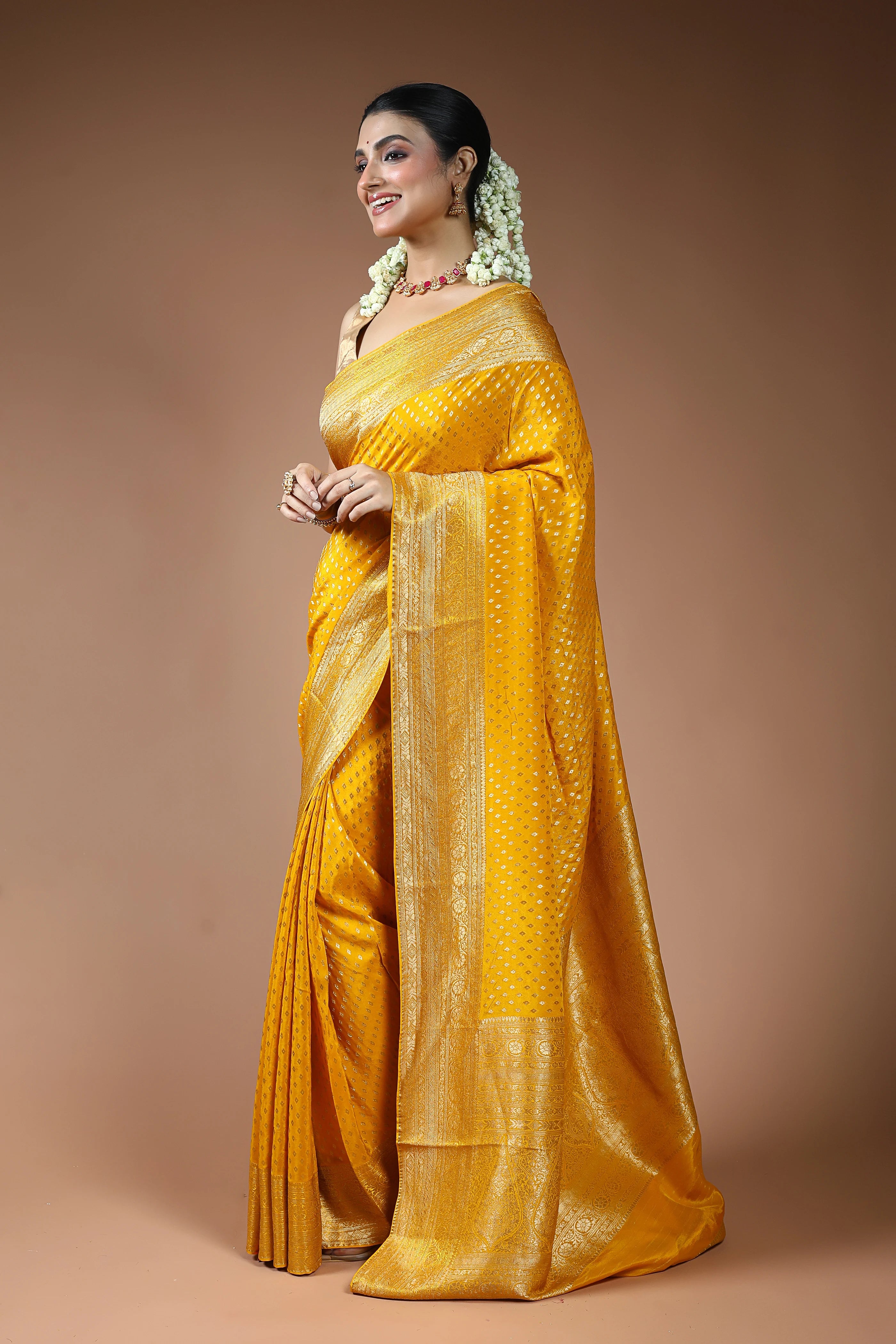 Mustard Yellow Blended Mashru Saree with Blouse Piece