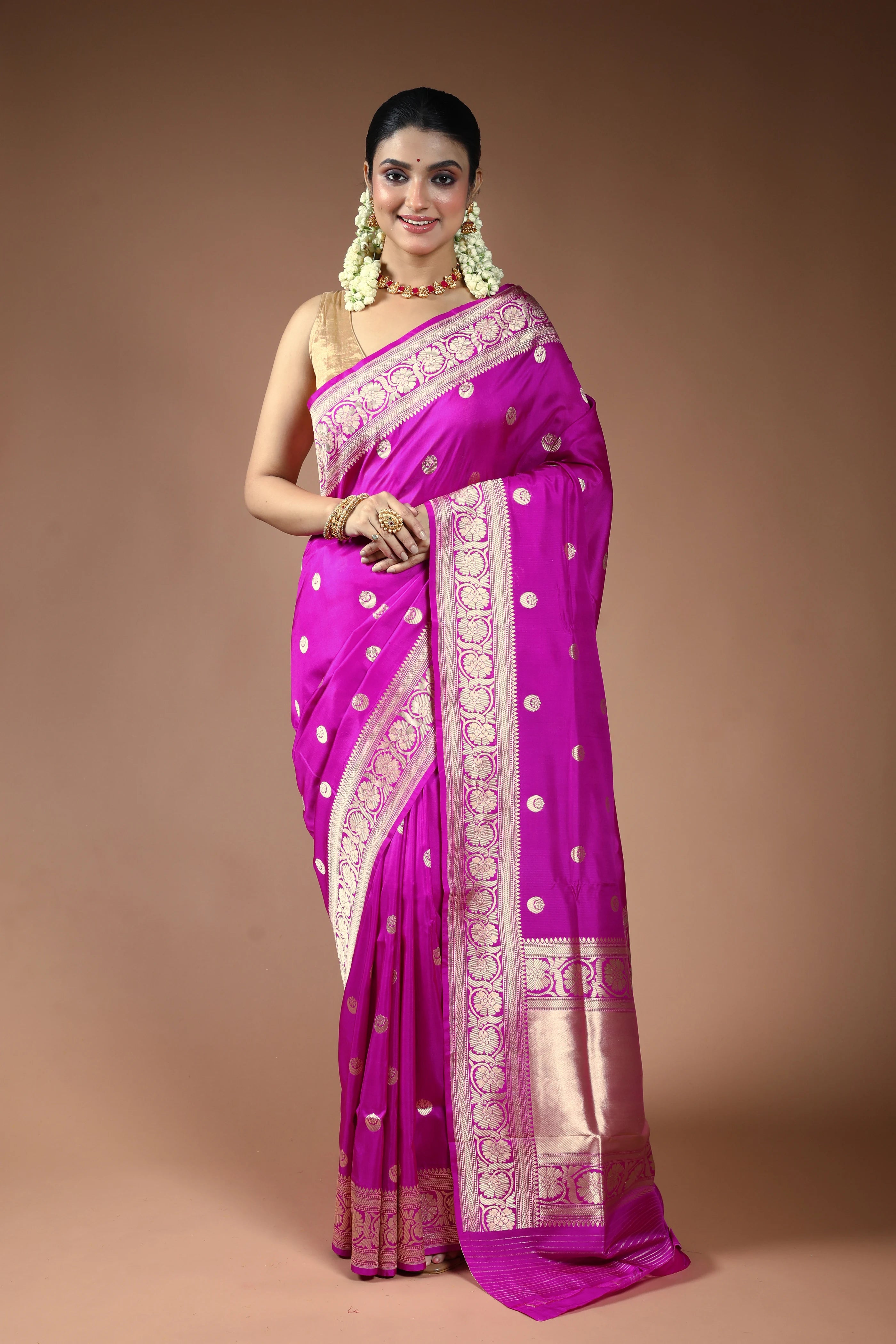 Magenta Pink Katan Silk Banarasi Saree with Blouse Piece