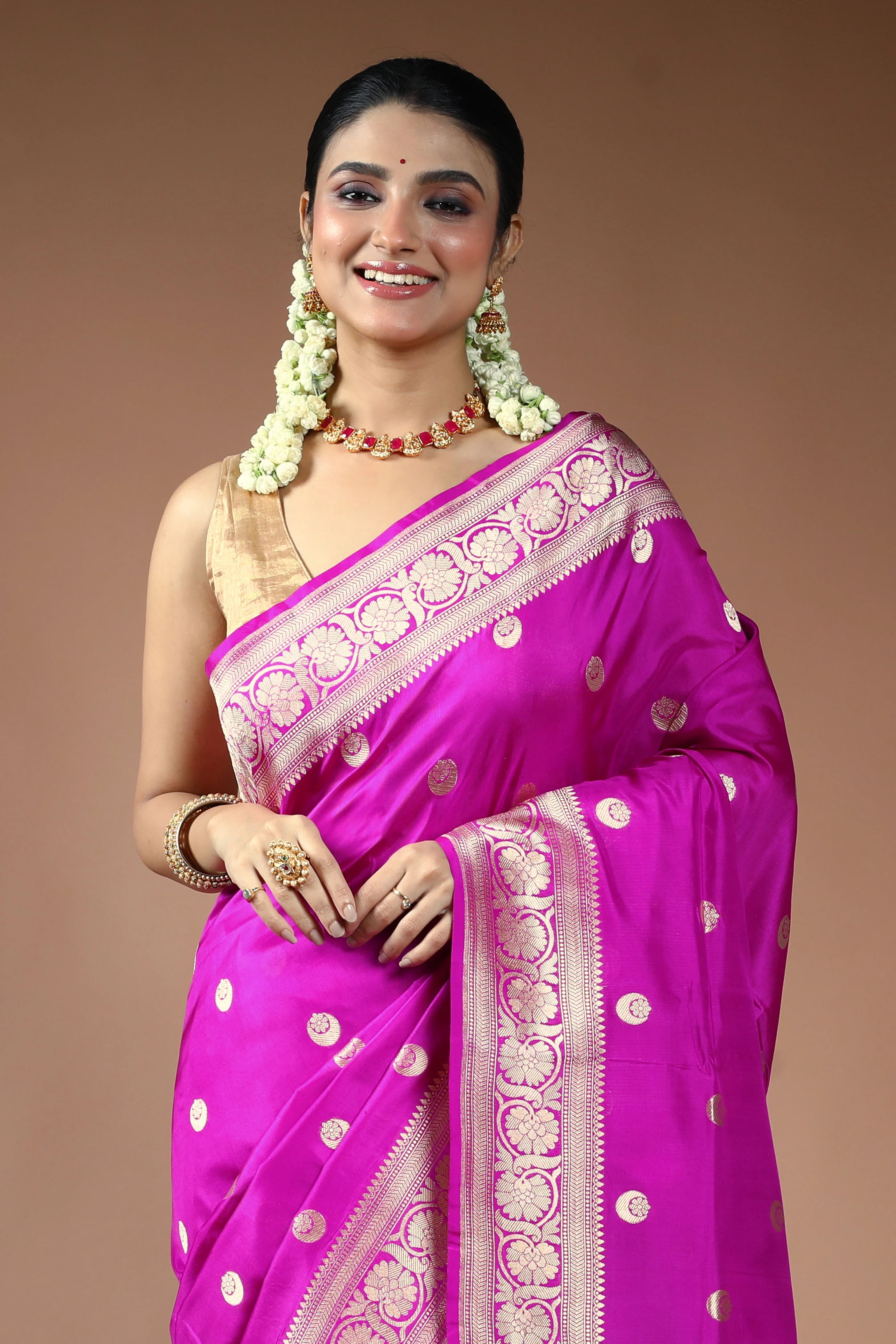 Magenta Pink Katan Silk Banarasi Saree with Blouse Piece