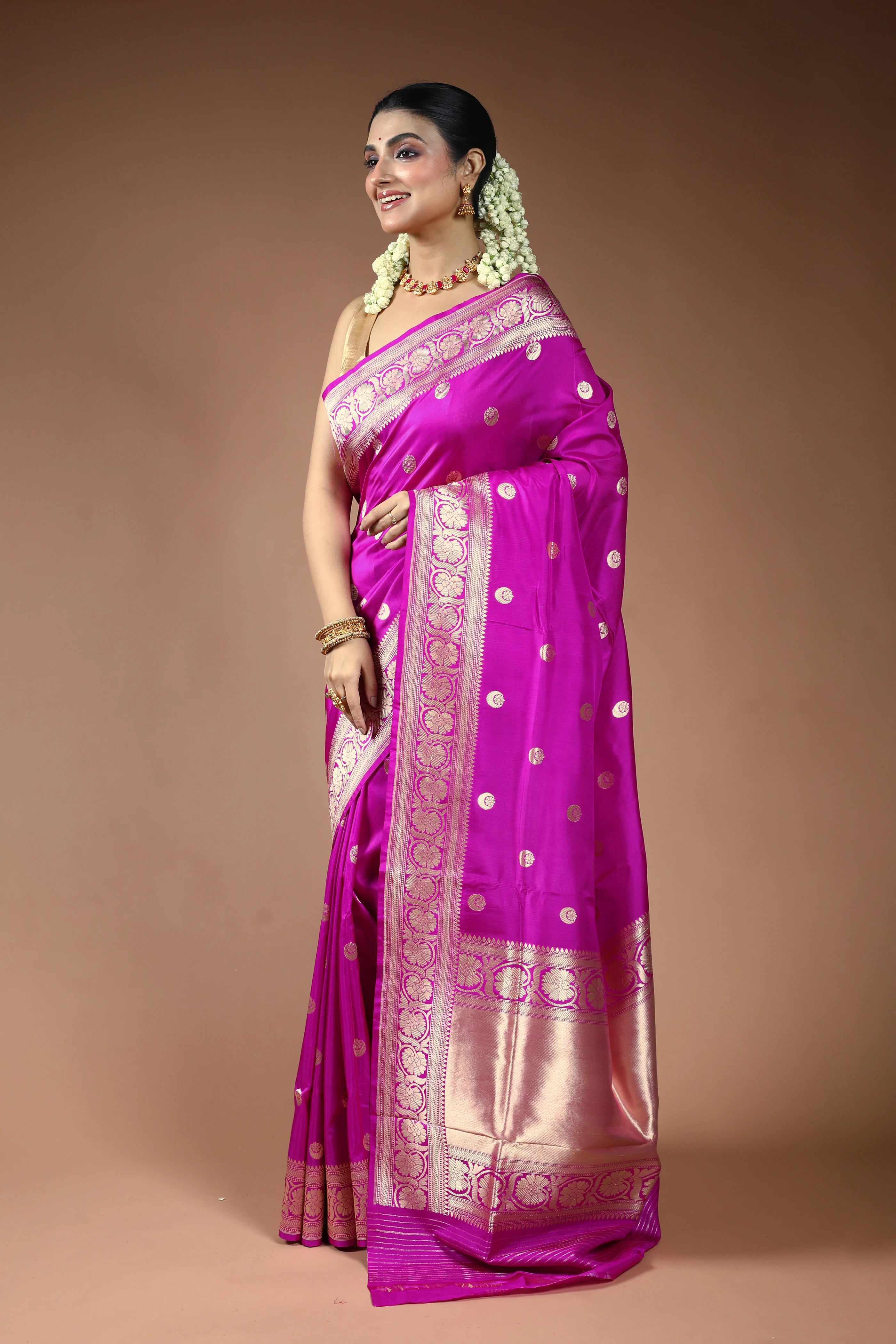 Magenta Pink Katan Silk Banarasi Saree with Blouse Piece