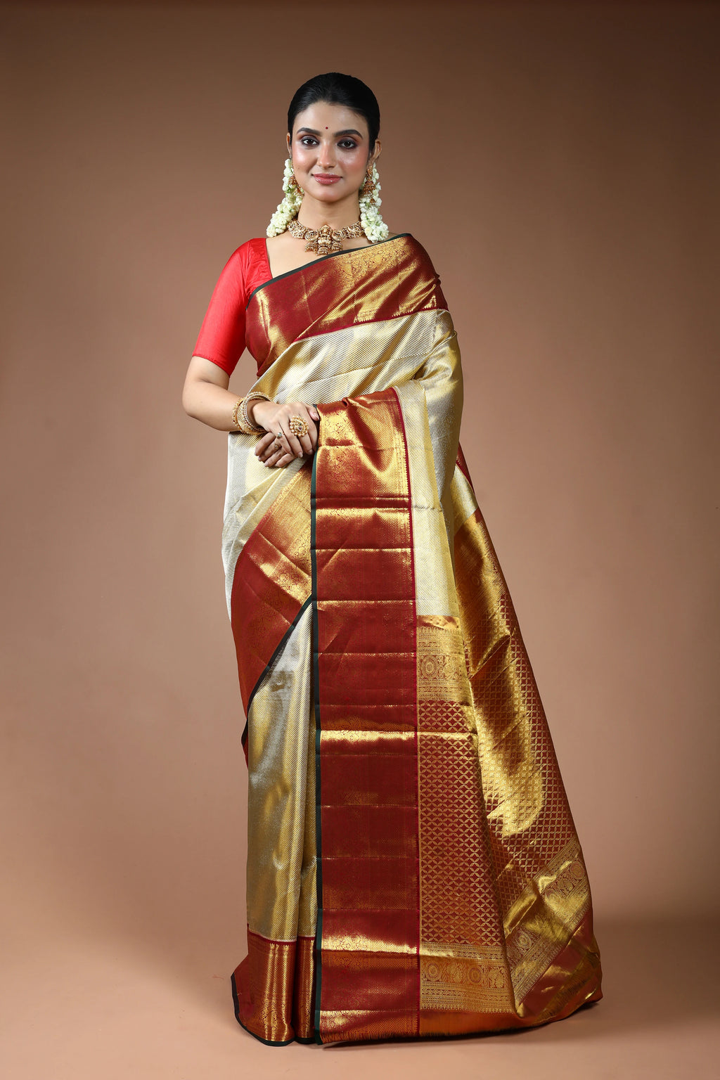 Golden and Maroon Border Tissue Kanjivaram Saree with Blouse Piece