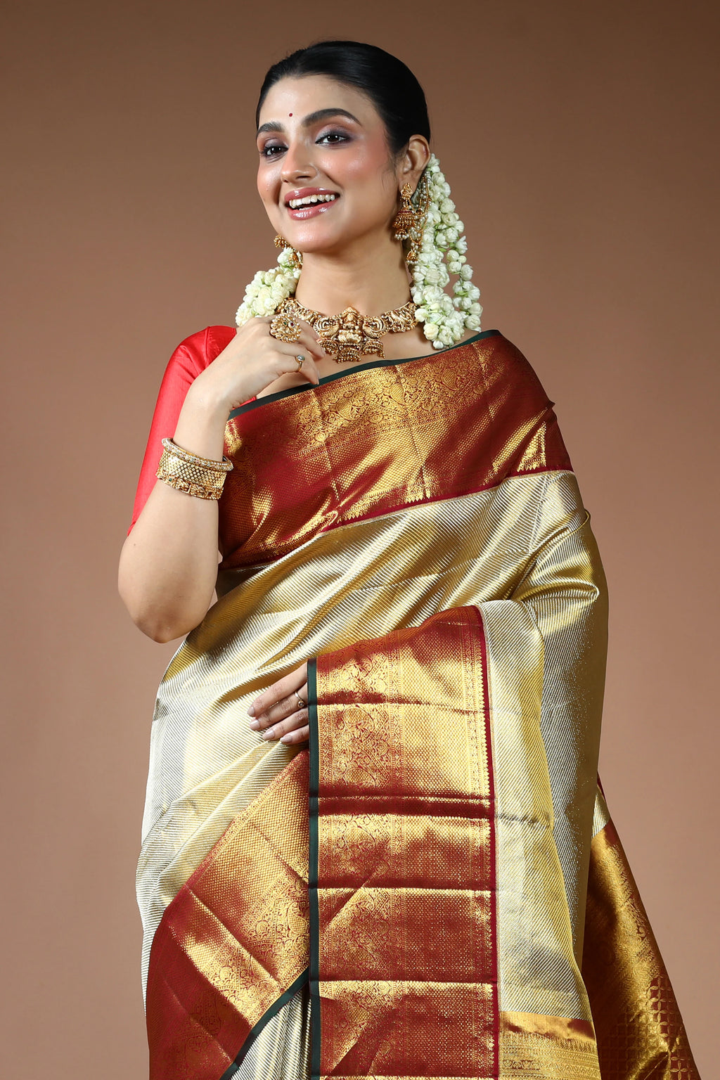 Golden and Maroon Border Tissue Kanjivaram Saree with Blouse Piece