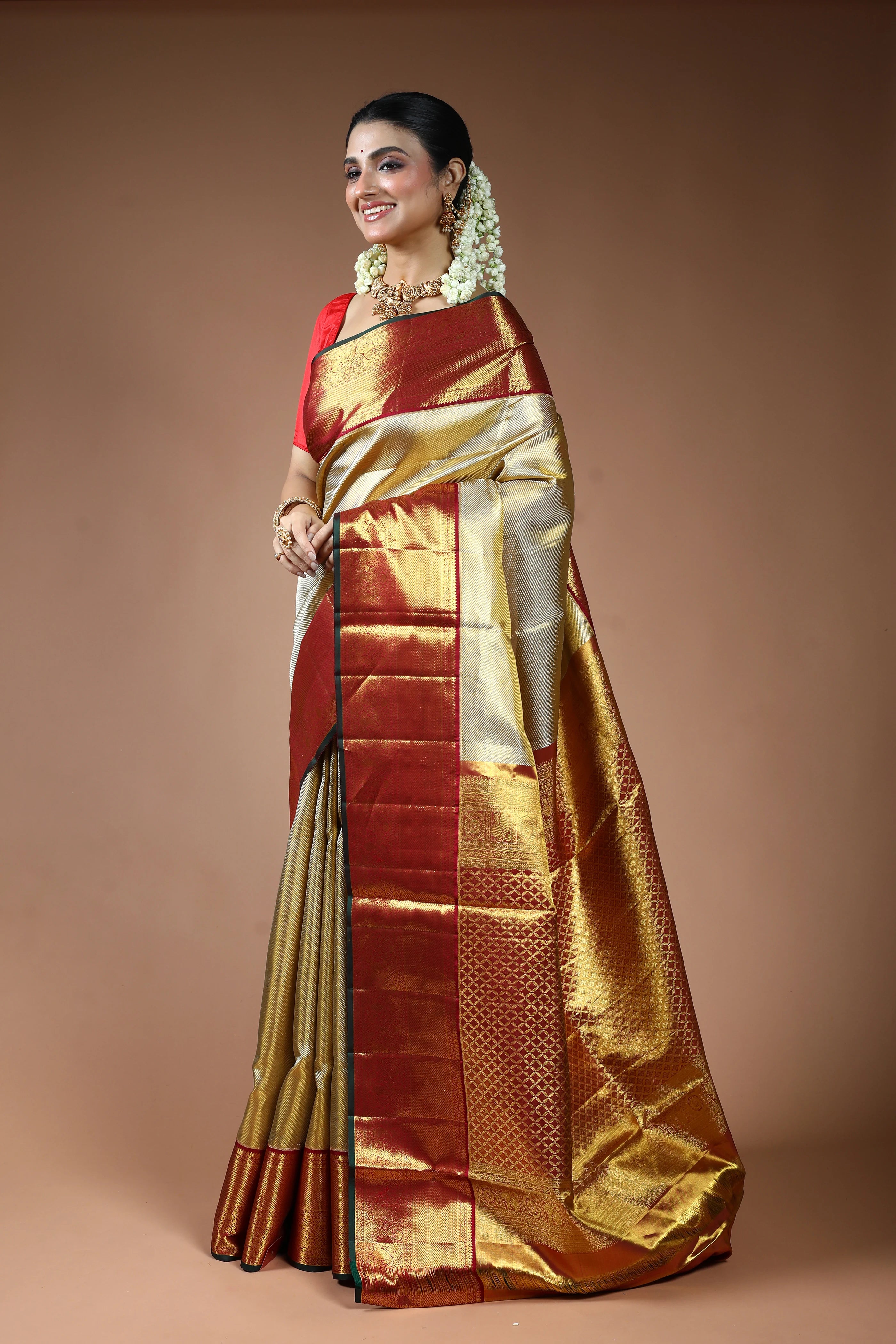 Golden and Maroon Border Tissue Kanjivaram Saree with Blouse Piece