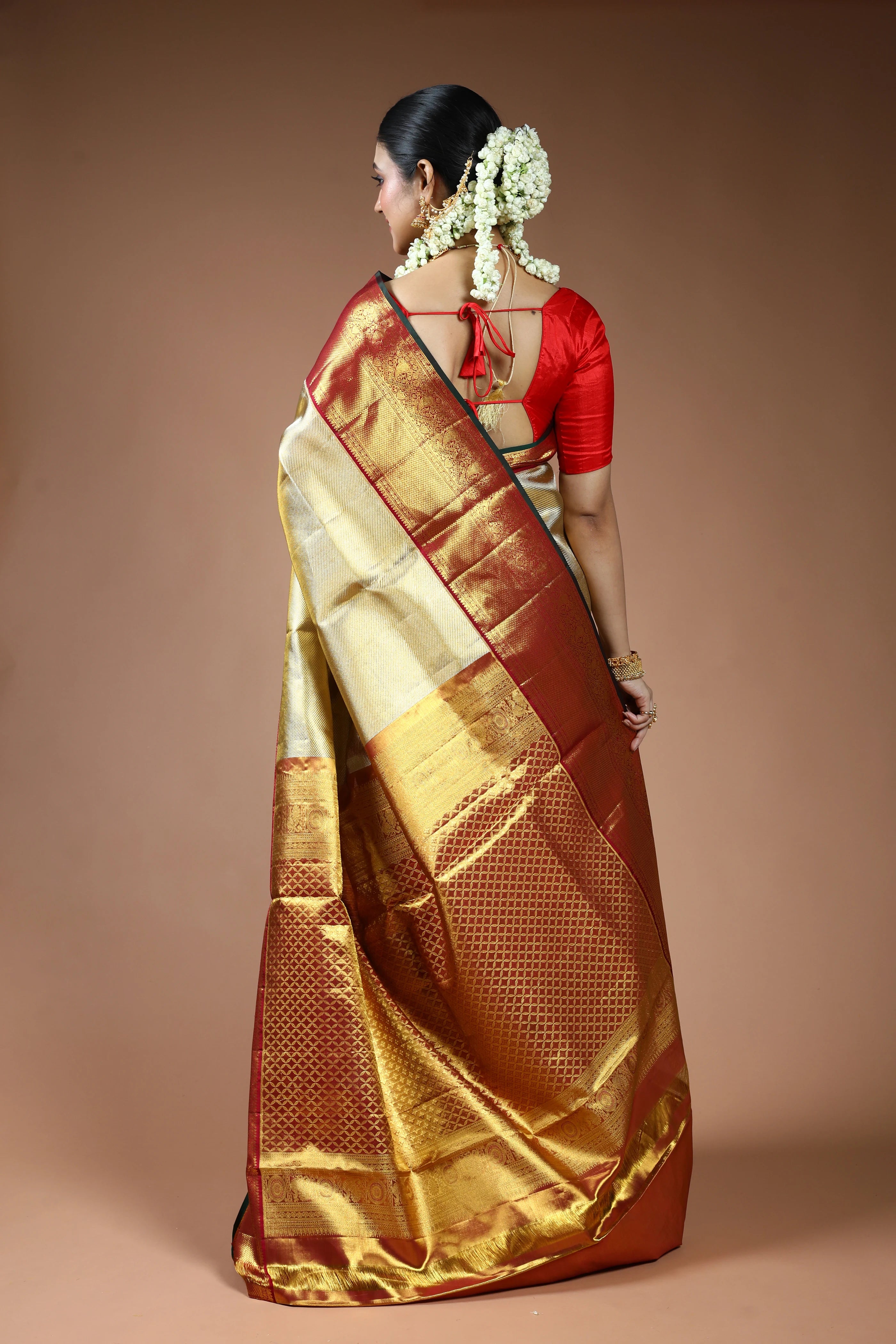 Golden and Maroon Border Tissue Kanjivaram Saree with Blouse Piece
