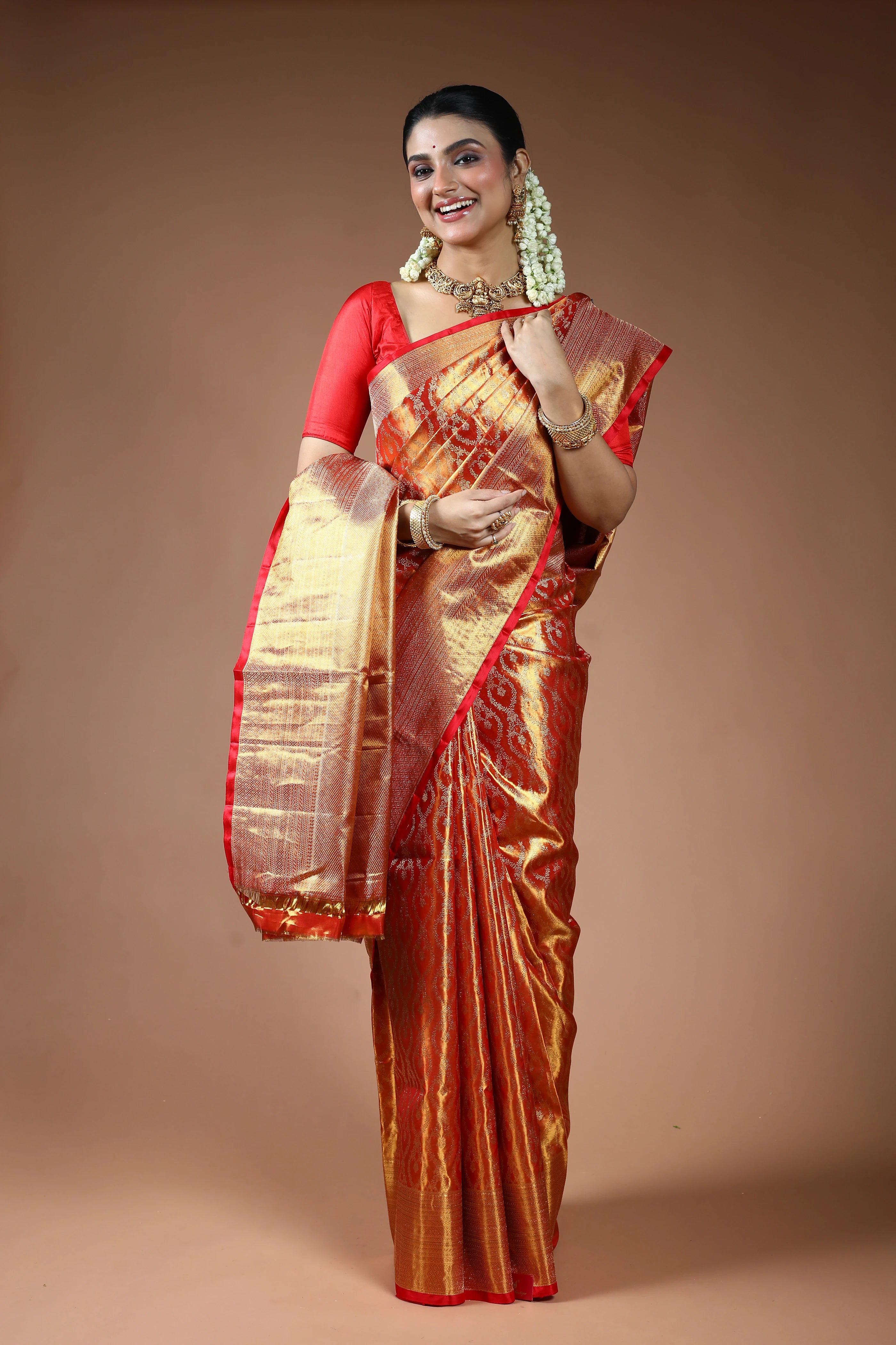 Rust Orange Silk Tissue Kanjivaram Saree with Blouse Piece