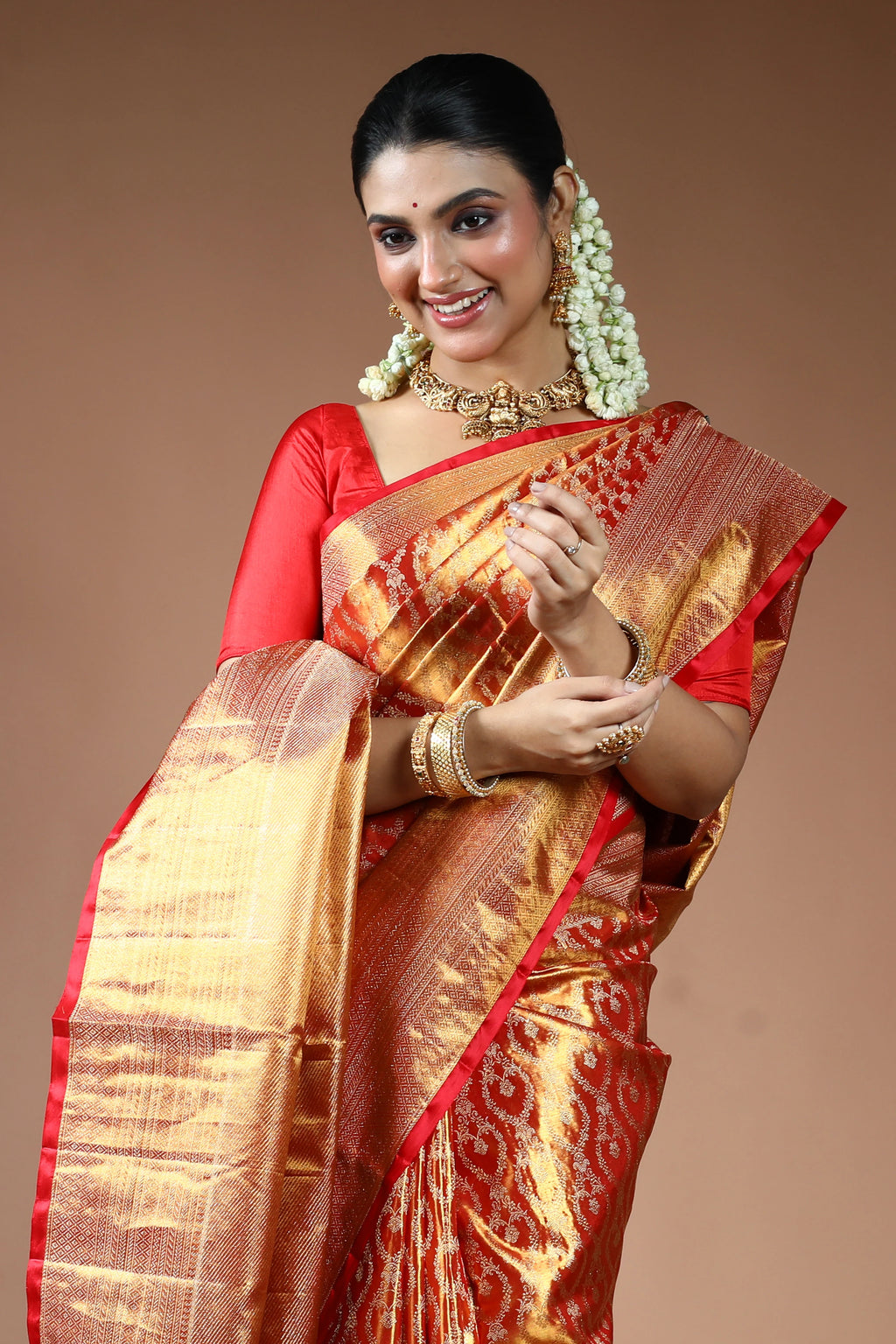 Rust Orange Silk Tissue Kanjivaram Saree with Blouse Piece