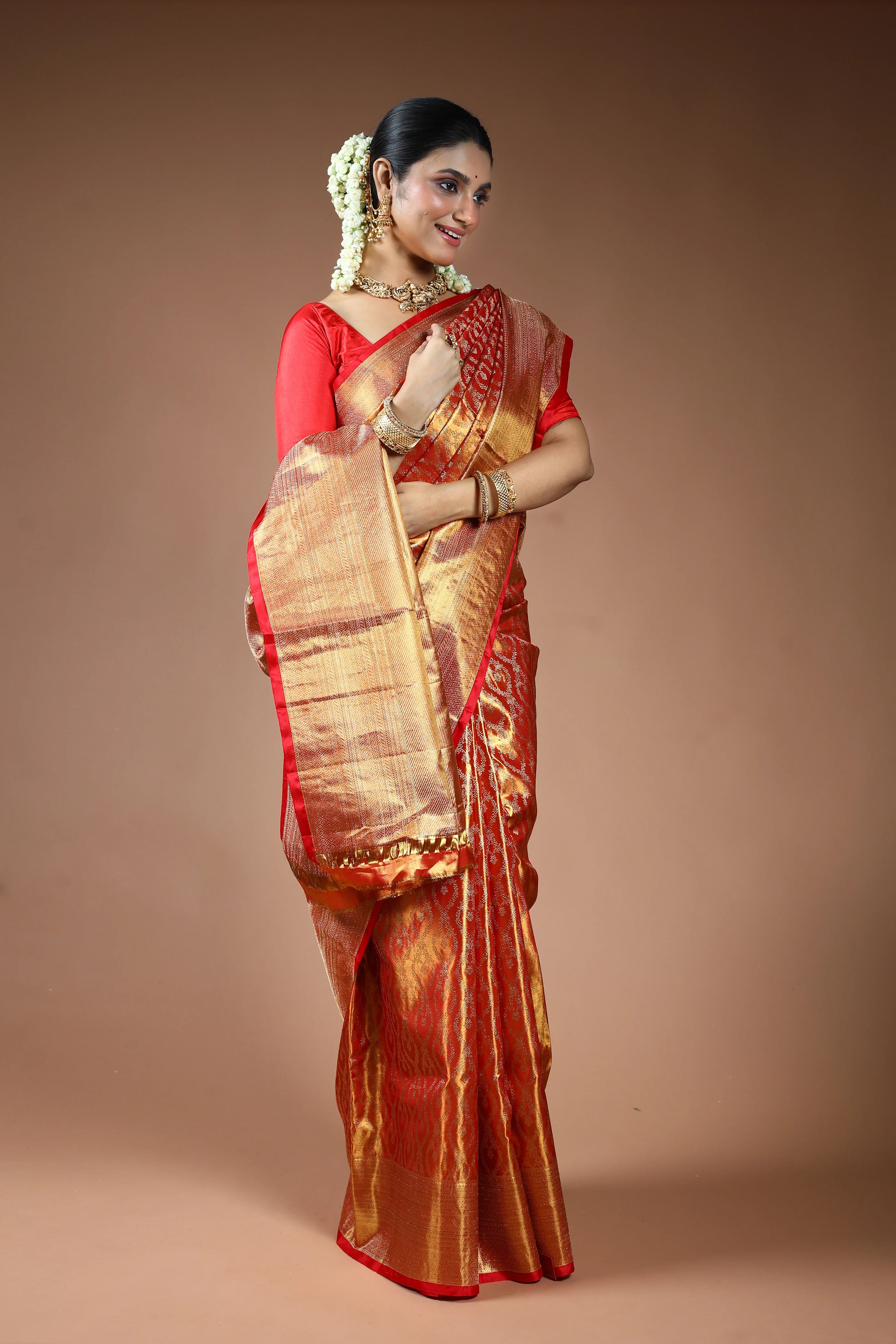 Rust Orange Silk Tissue Kanjivaram Saree with Blouse Piece