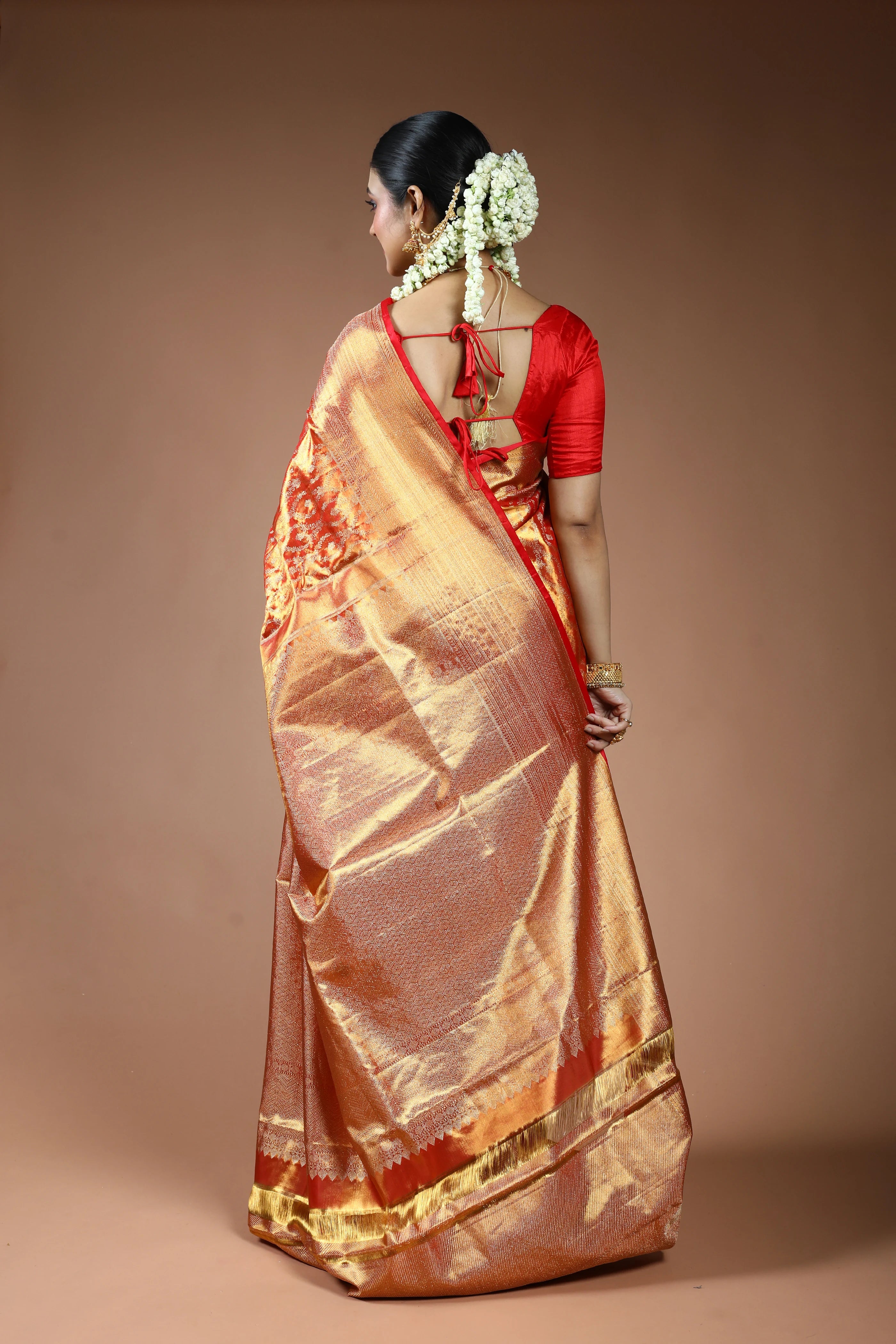 Rust Orange Silk Tissue Kanjivaram Saree with Blouse Piece