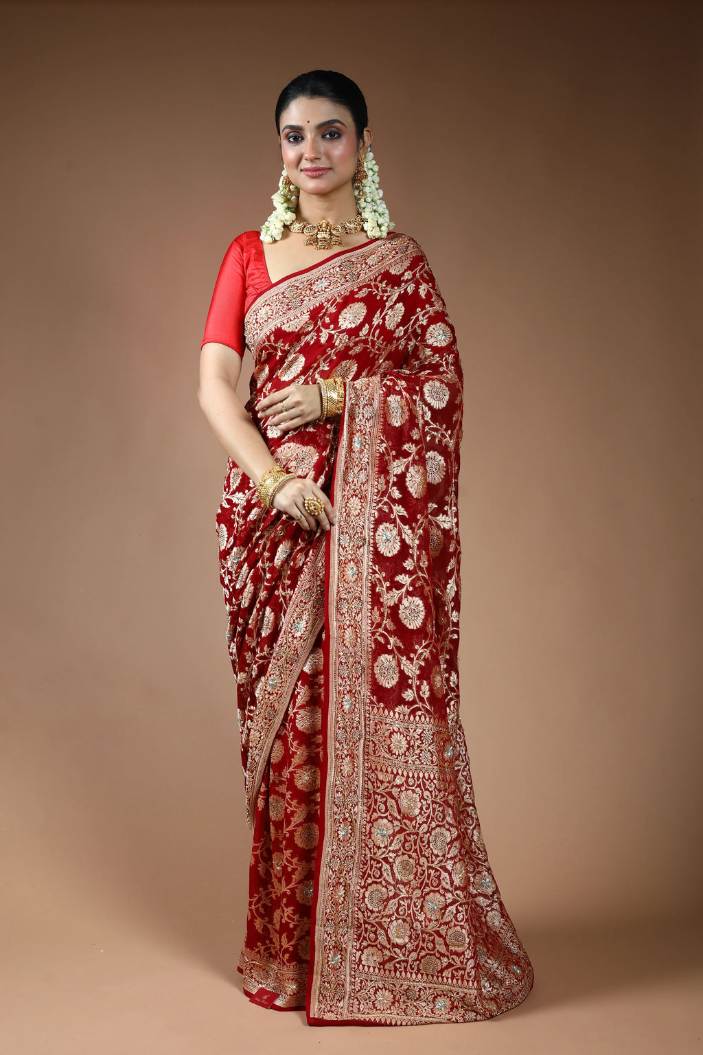 Reddis Maroon Georgette Banarasi Saree with Blouse Piece