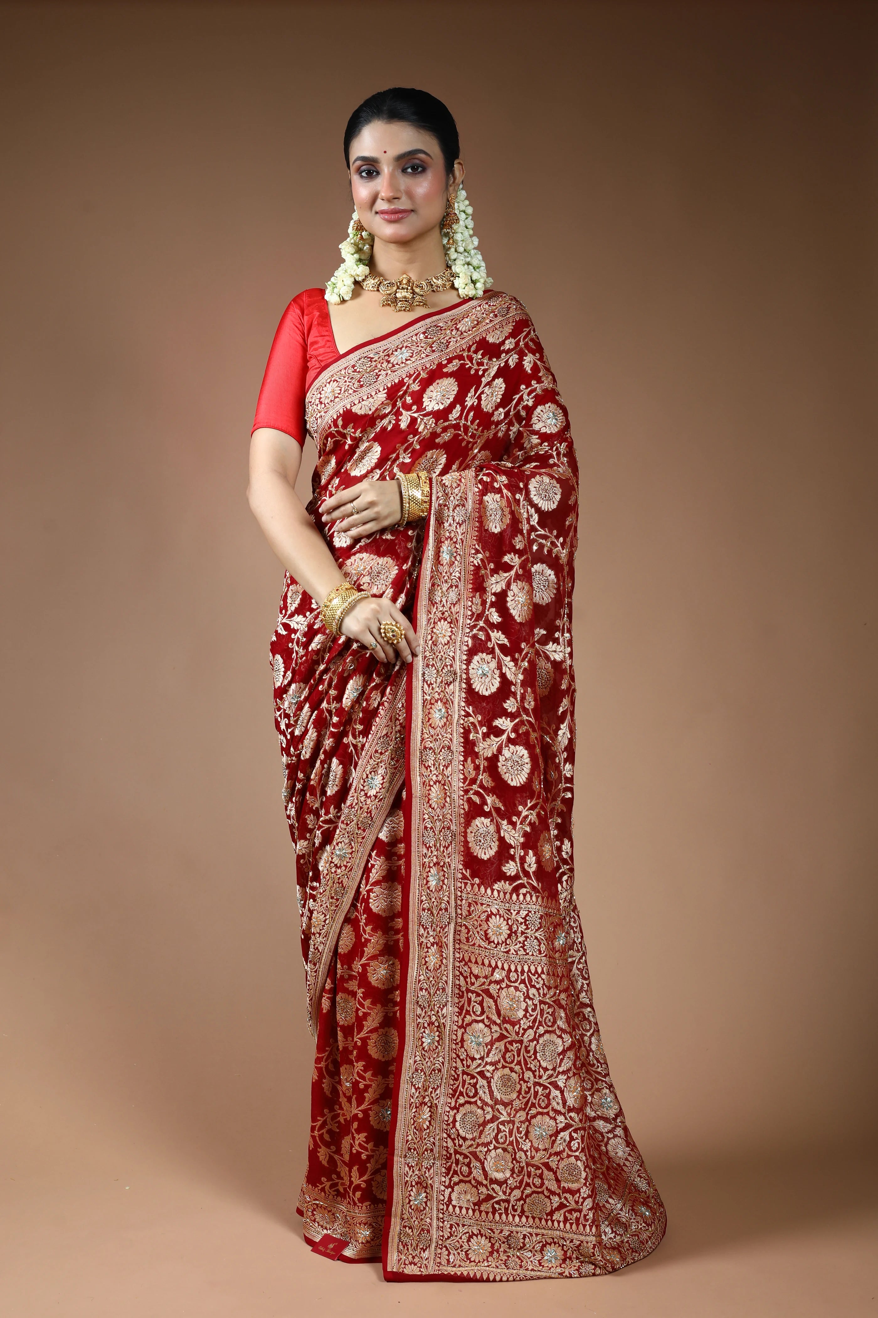 Reddis Maroon Georgette Banarasi Saree with Blouse Piece