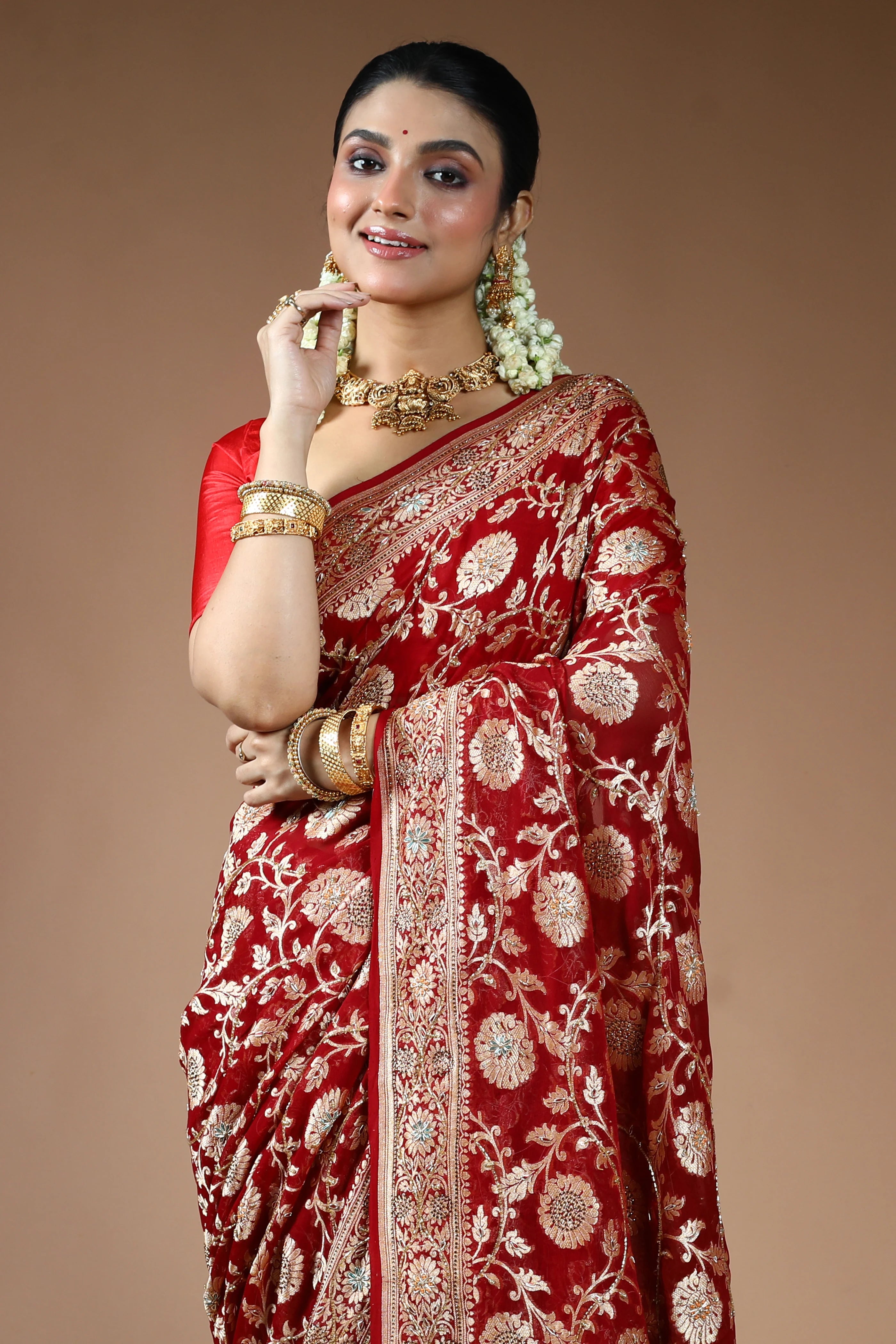 Reddis Maroon Georgette Banarasi Saree with Blouse Piece