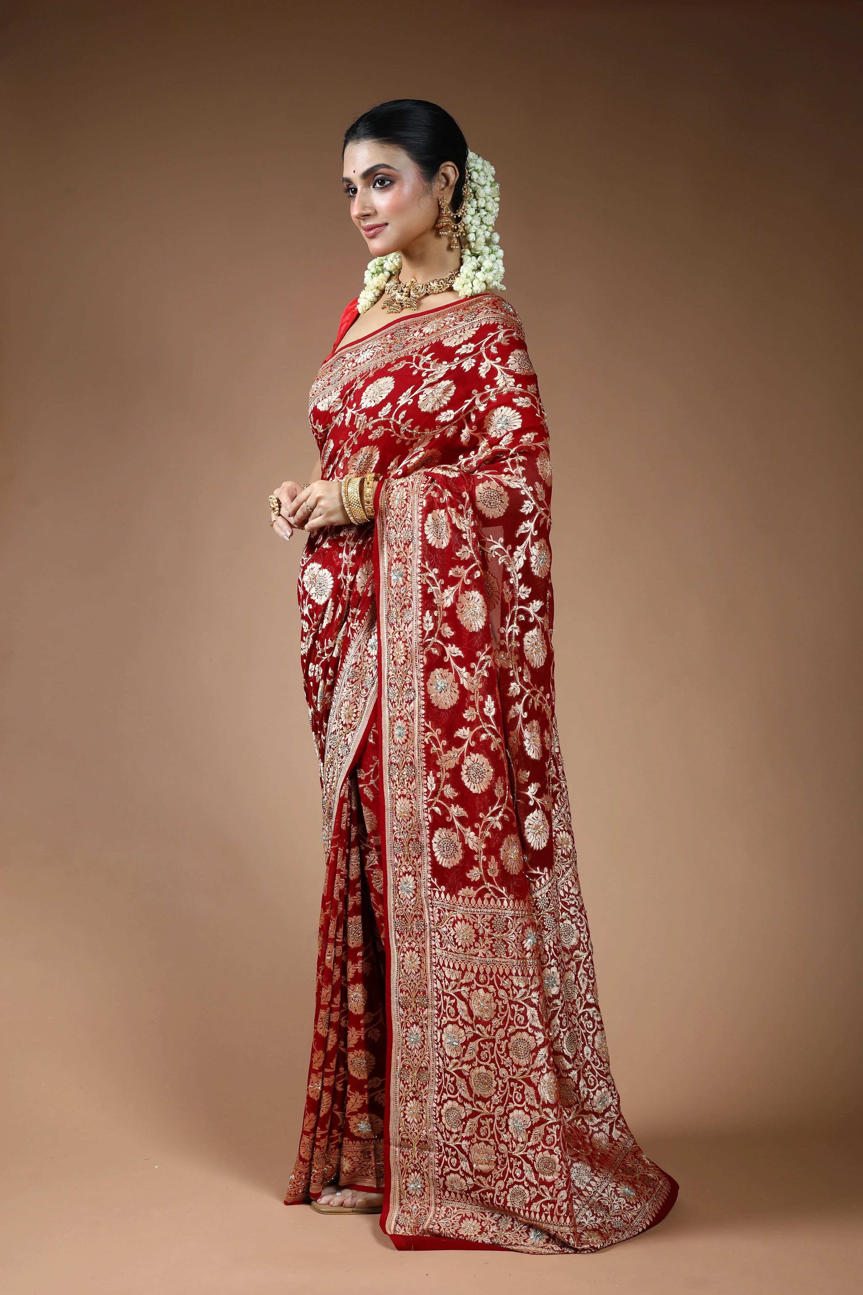 Reddis Maroon Georgette Banarasi Saree with Blouse Piece
