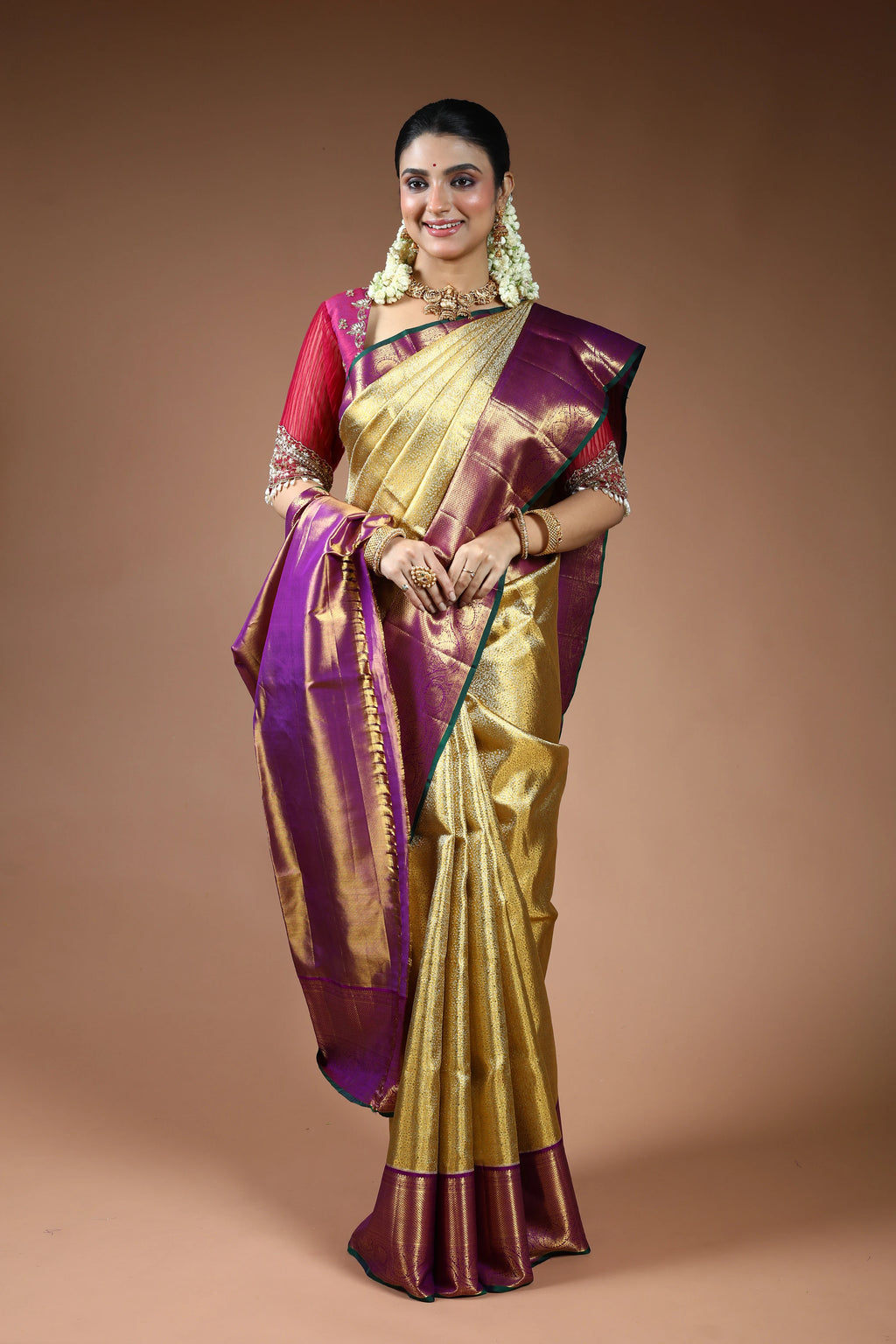 Golden and Purple Silk Tissue Kanjivaram Saree with Blouse Piece
