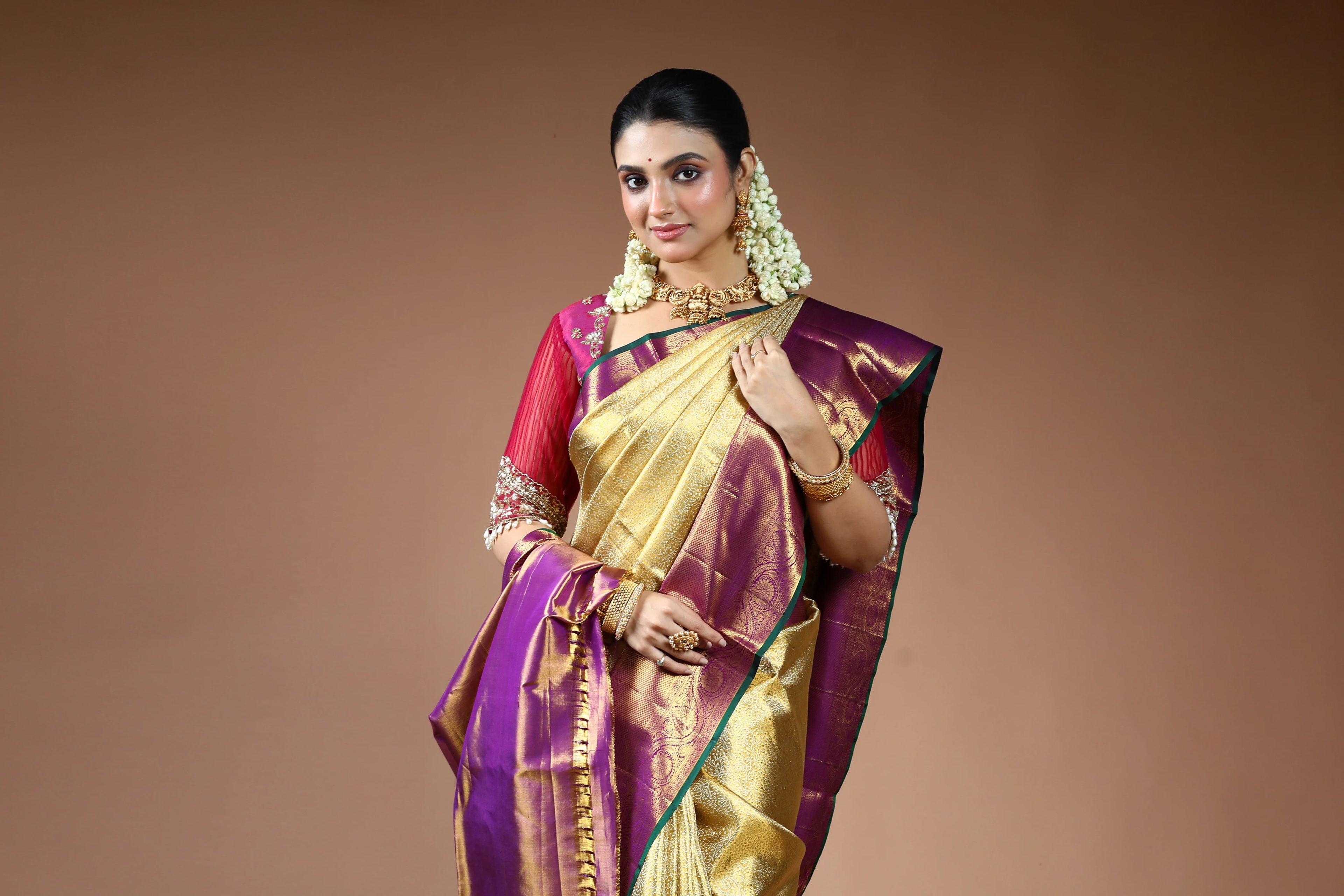 Golden and Purple Silk Tissue Kanjivaram Saree with Blouse Piece