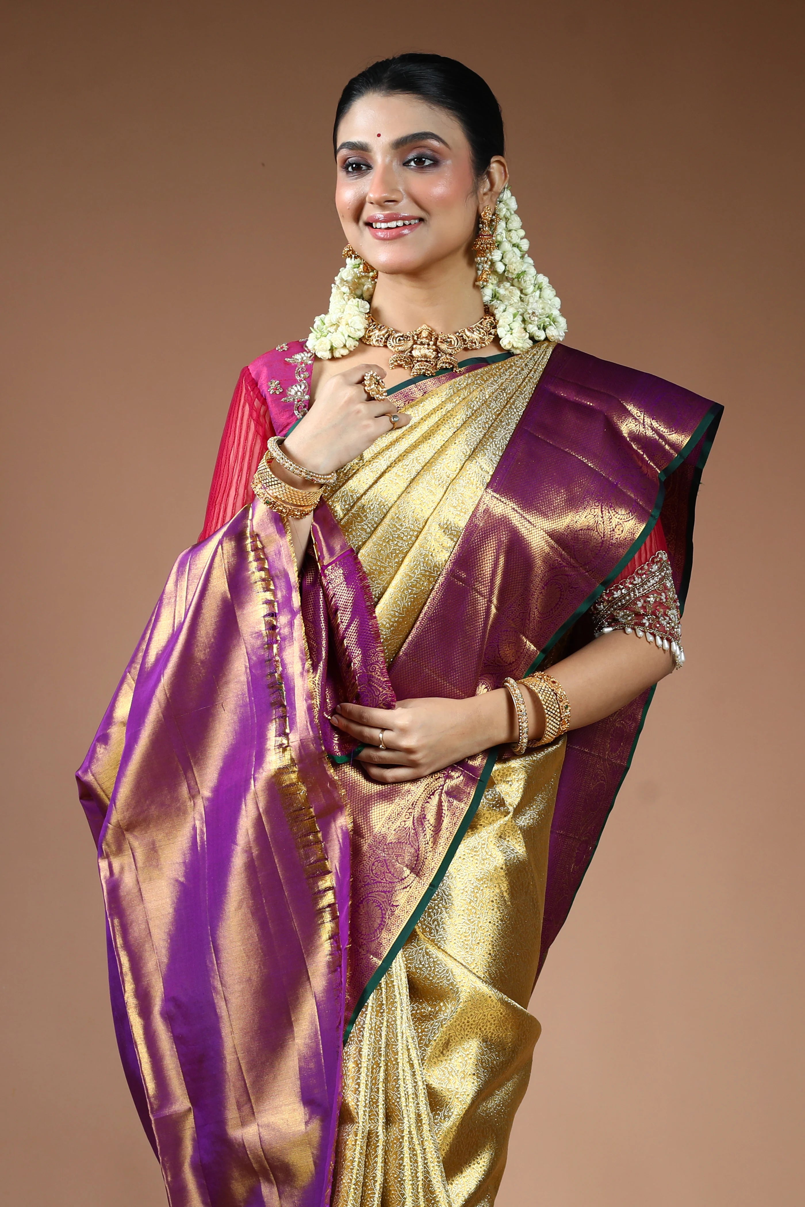 Golden and Purple Silk Tissue Kanjivaram Saree with Blouse Piece