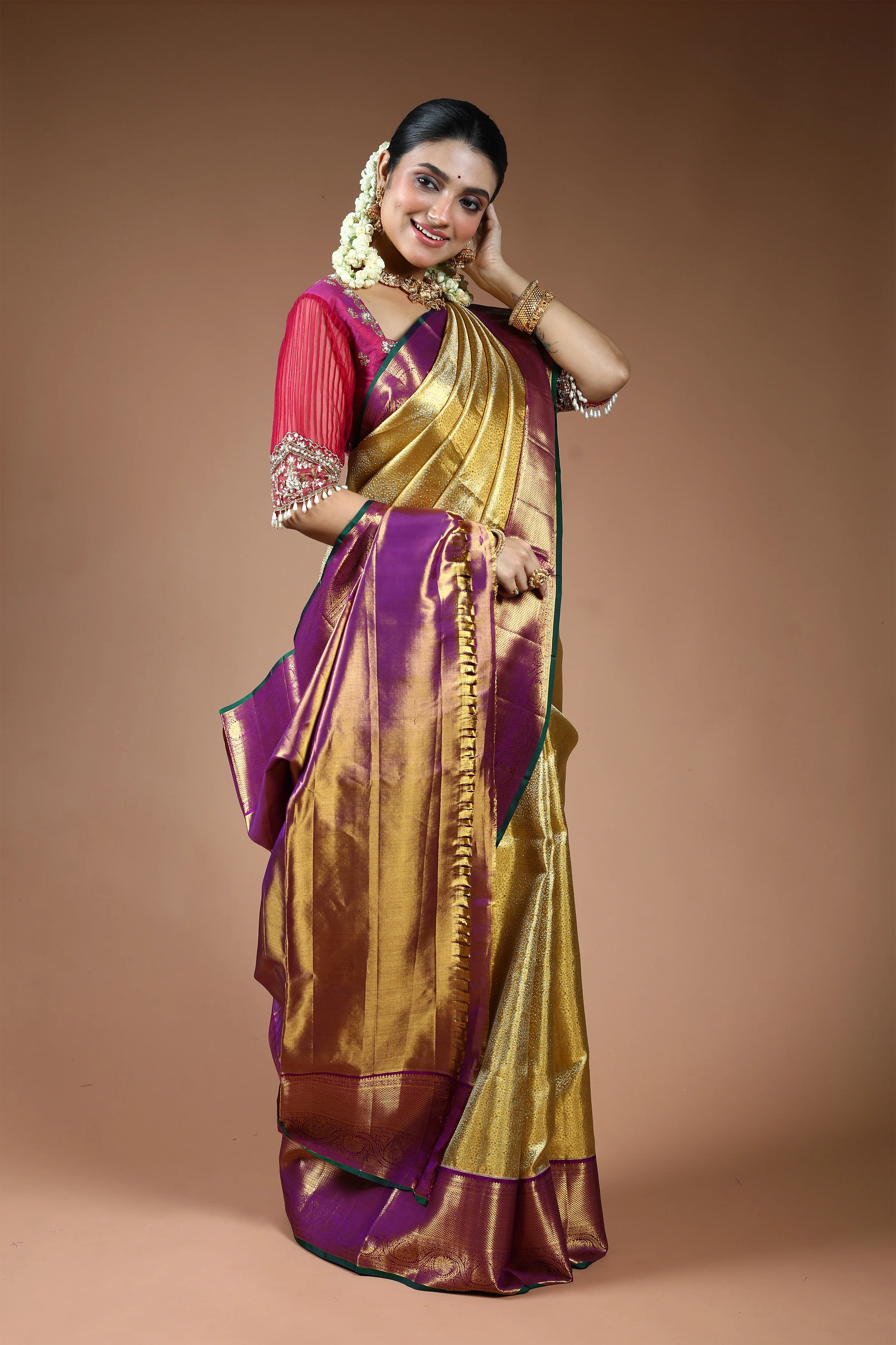 Golden and Purple Silk Tissue Kanjivaram Saree with Blouse Piece