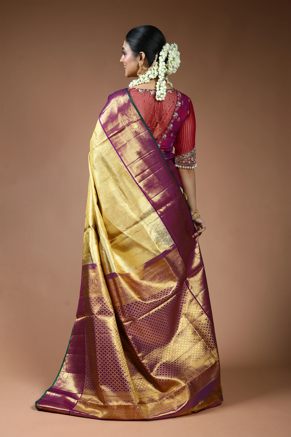 Golden and Purple Silk Tissue Kanjivaram Saree with Blouse Piece