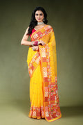 Yellow Resham Check Embroidery Saree with Blouse Piece