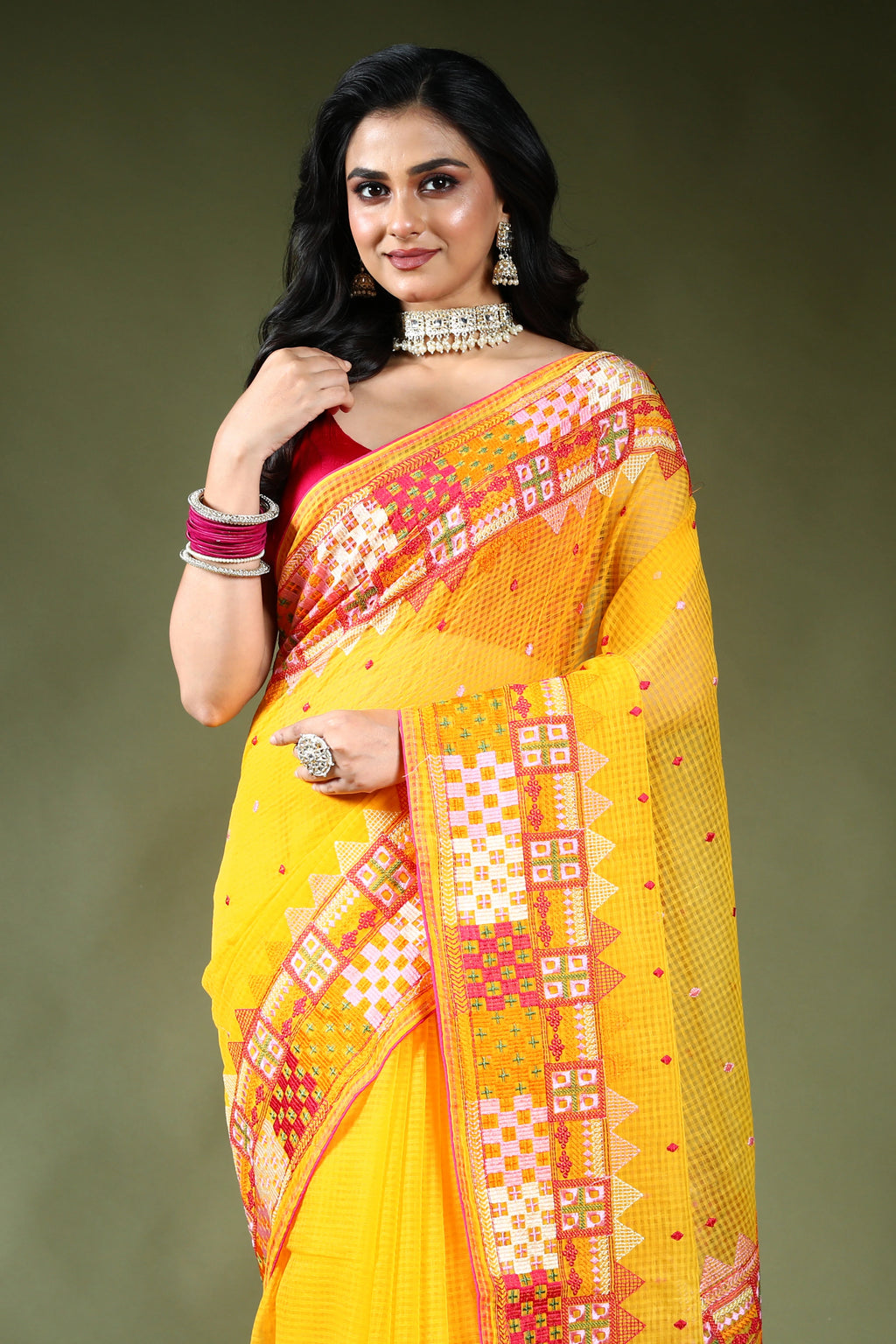 Yellow Resham Check Embroidery Saree with Blouse Piece
