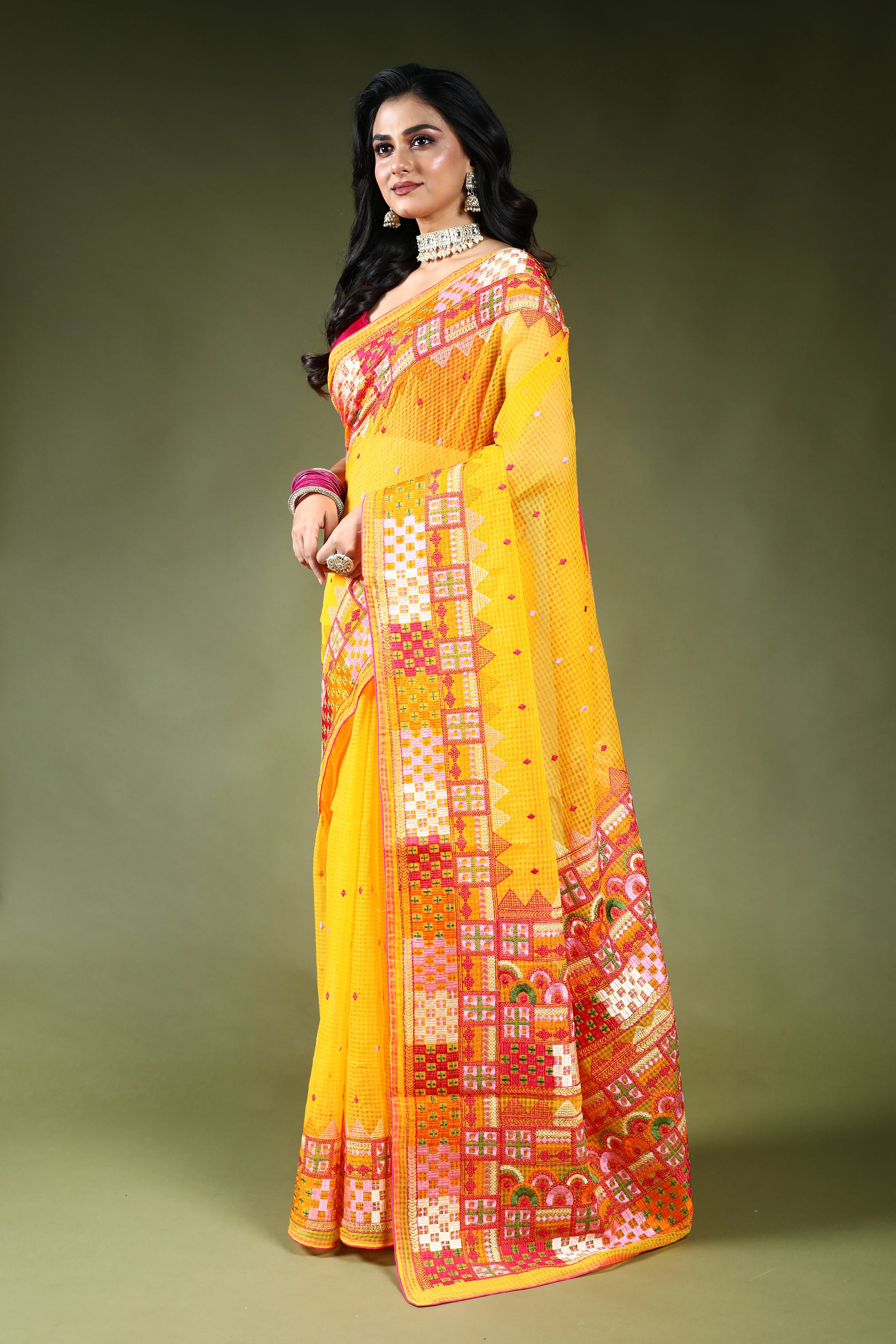 Yellow Resham Check Embroidery Saree with Blouse Piece