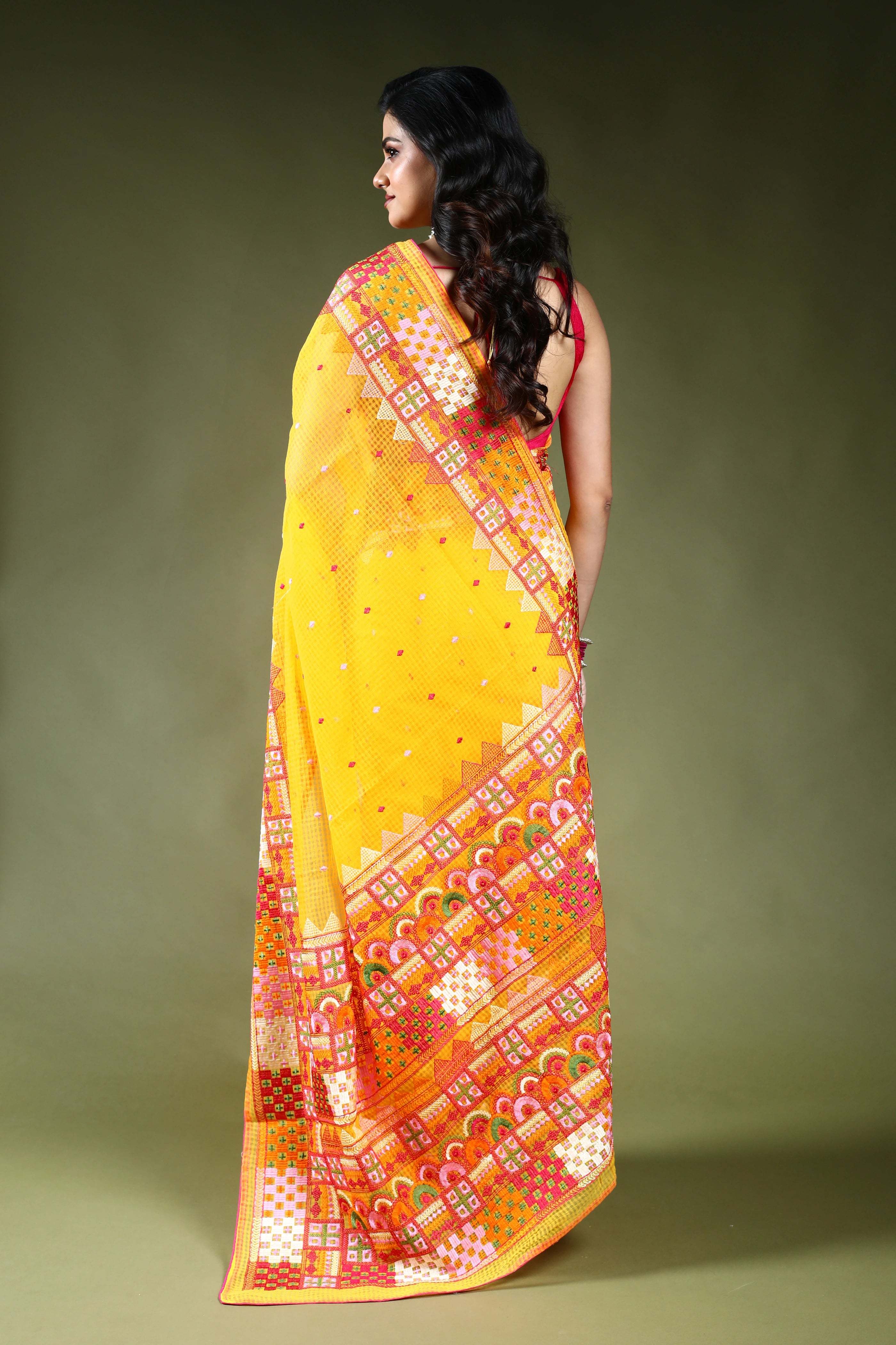 Yellow Resham Check Embroidery Saree with Blouse Piece