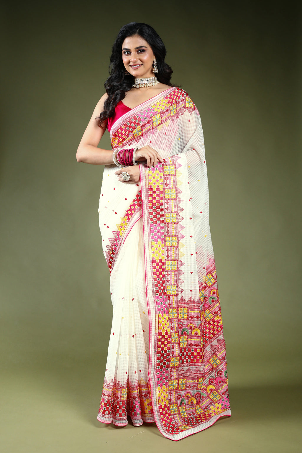 White Resham Check Embroidery Saree with Blouse Piece