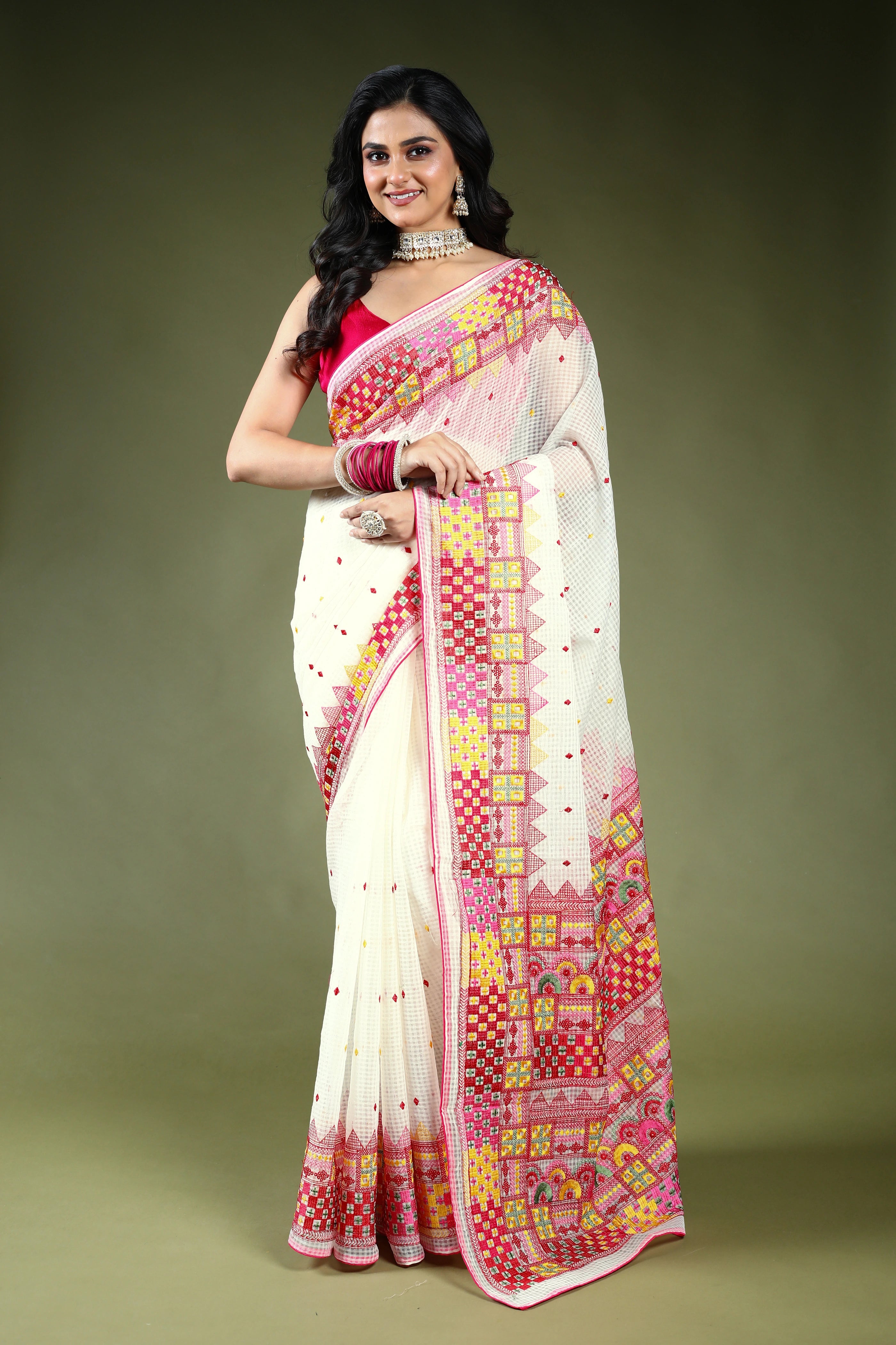 White Resham Check Embroidery Saree with Blouse Piece