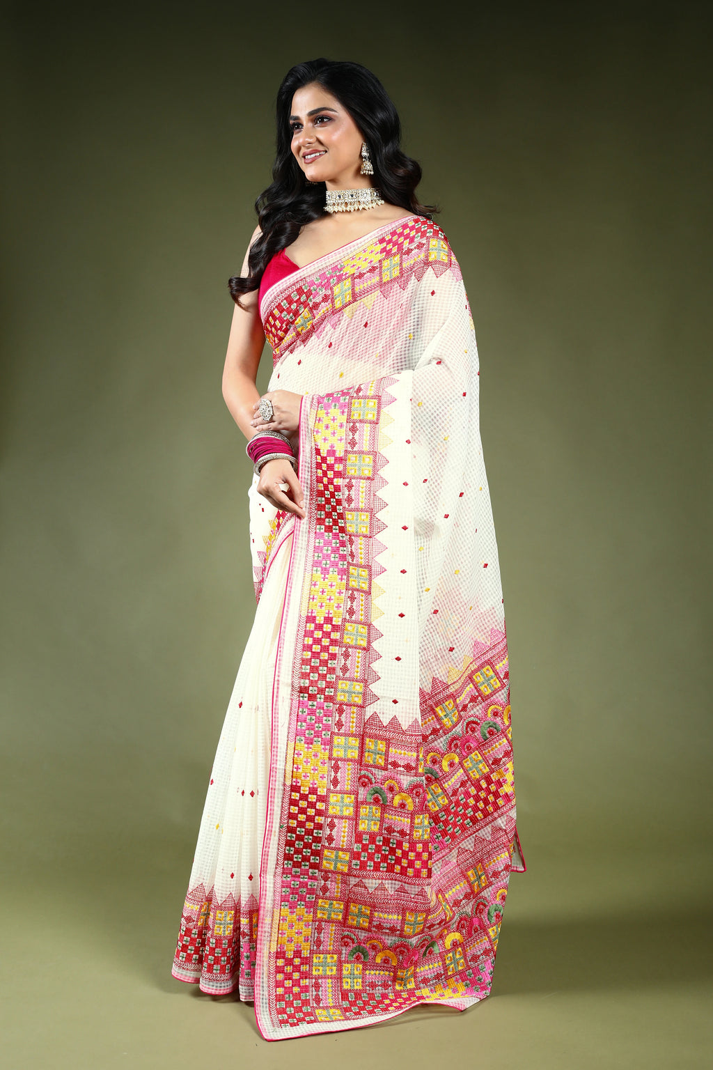 White Resham Check Embroidery Saree with Blouse Piece
