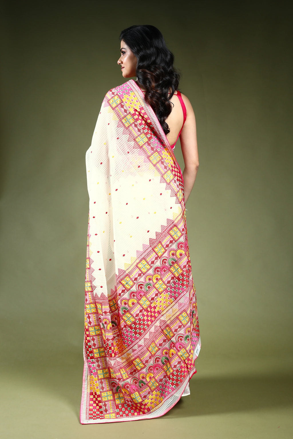 White Resham Check Embroidery Saree with Blouse Piece