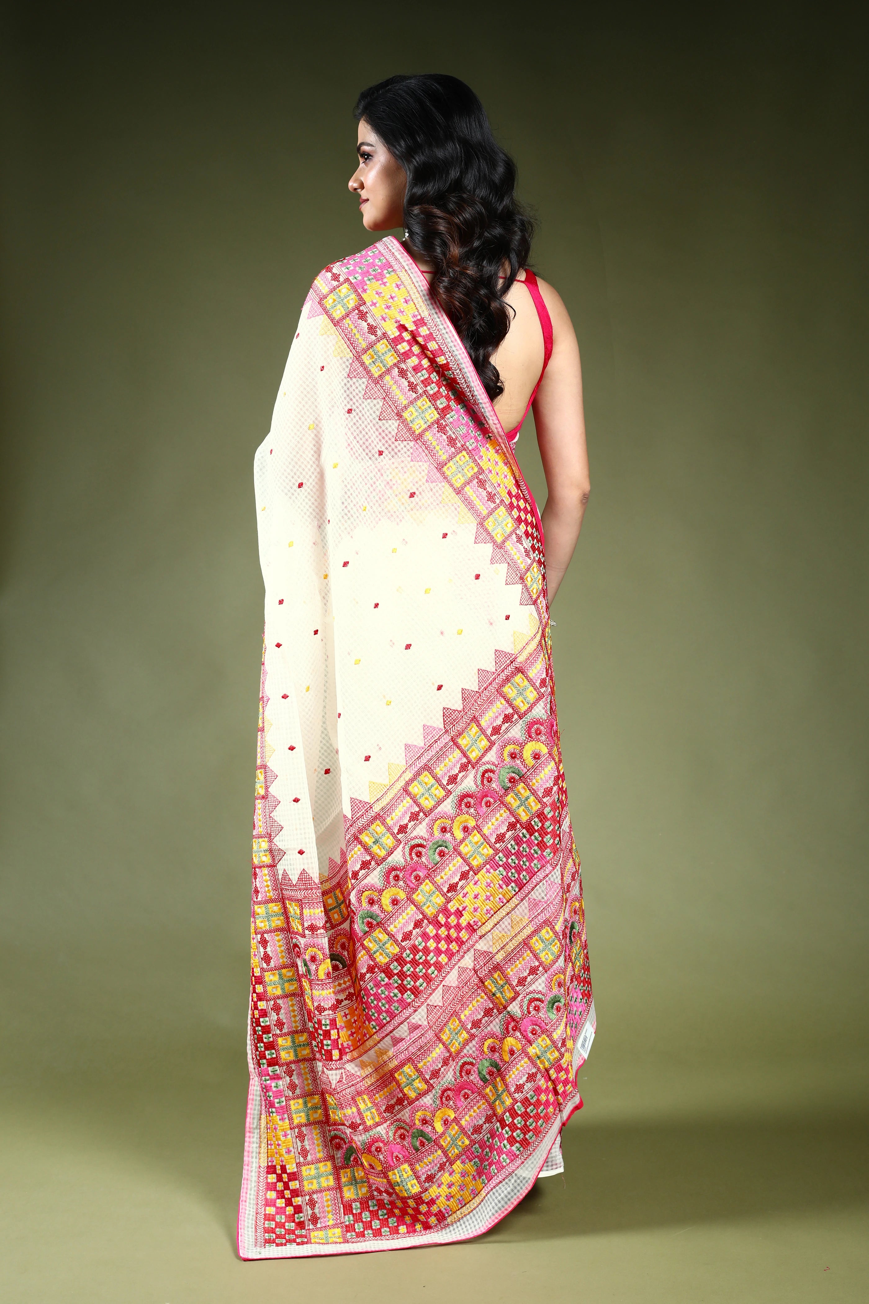 White Resham Check Embroidery Saree with Blouse Piece