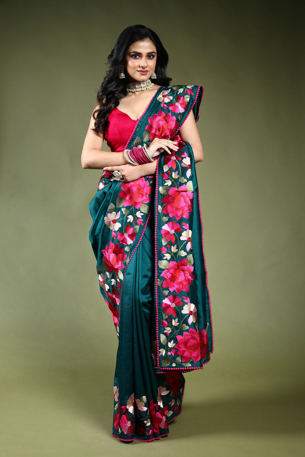 Bottle Green Semi Silk Saree with Blouse Piece
