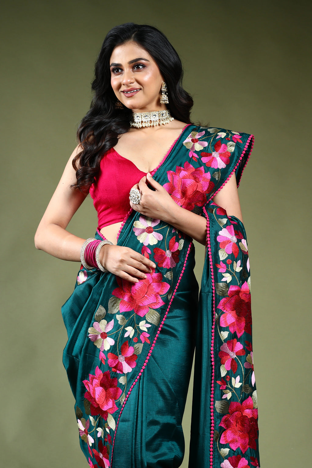Bottle Green Semi Silk Saree with Blouse Piece