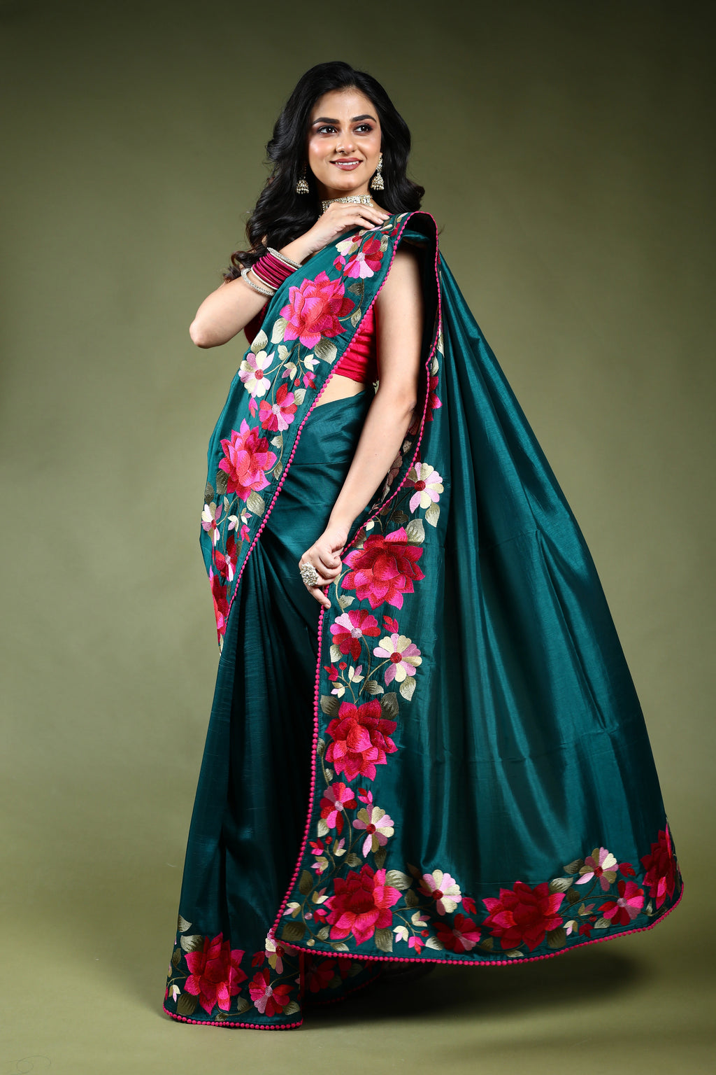 Bottle Green Semi Silk Saree with Blouse Piece