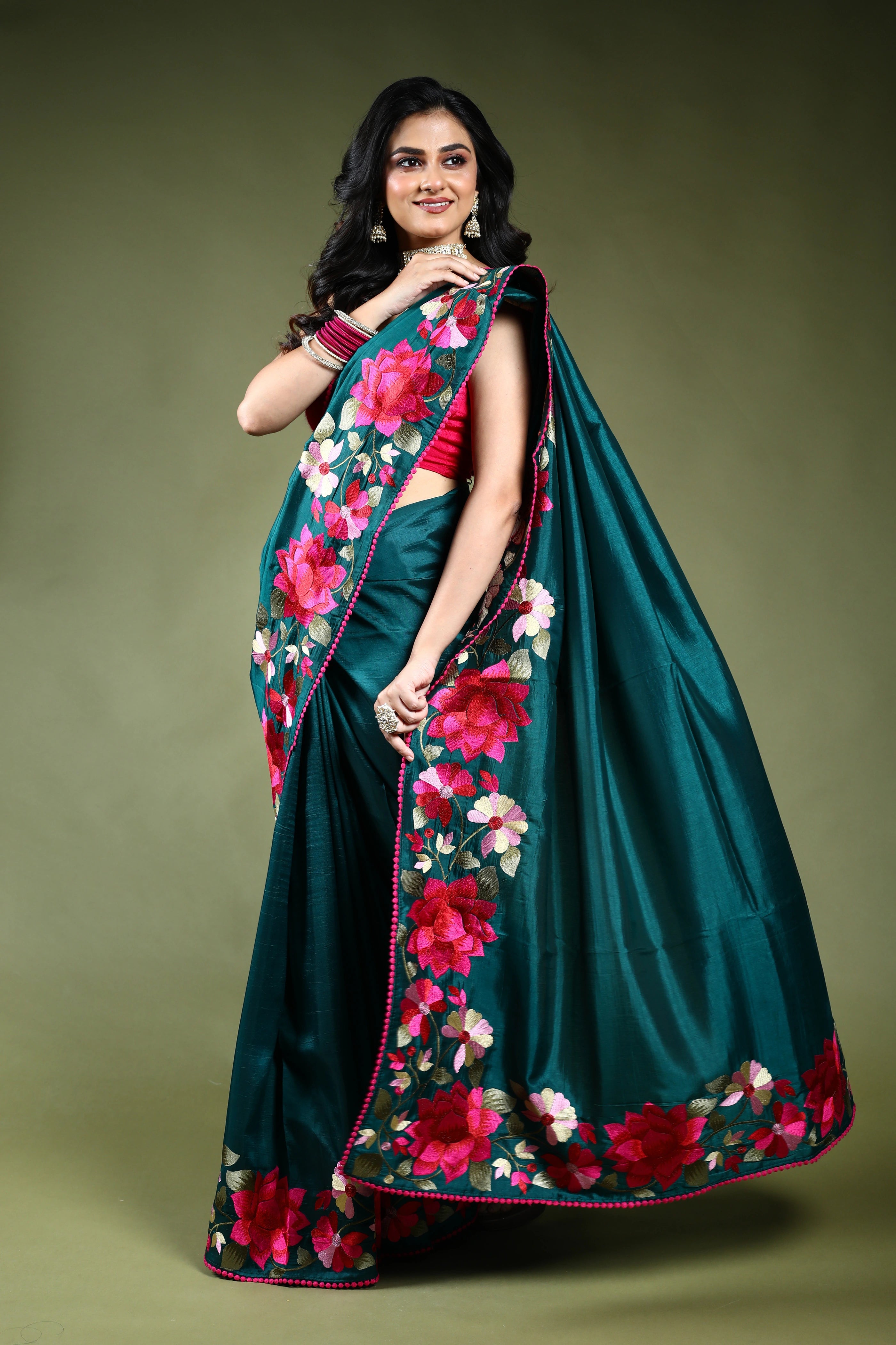 Bottle Green Semi Silk Saree with Blouse Piece