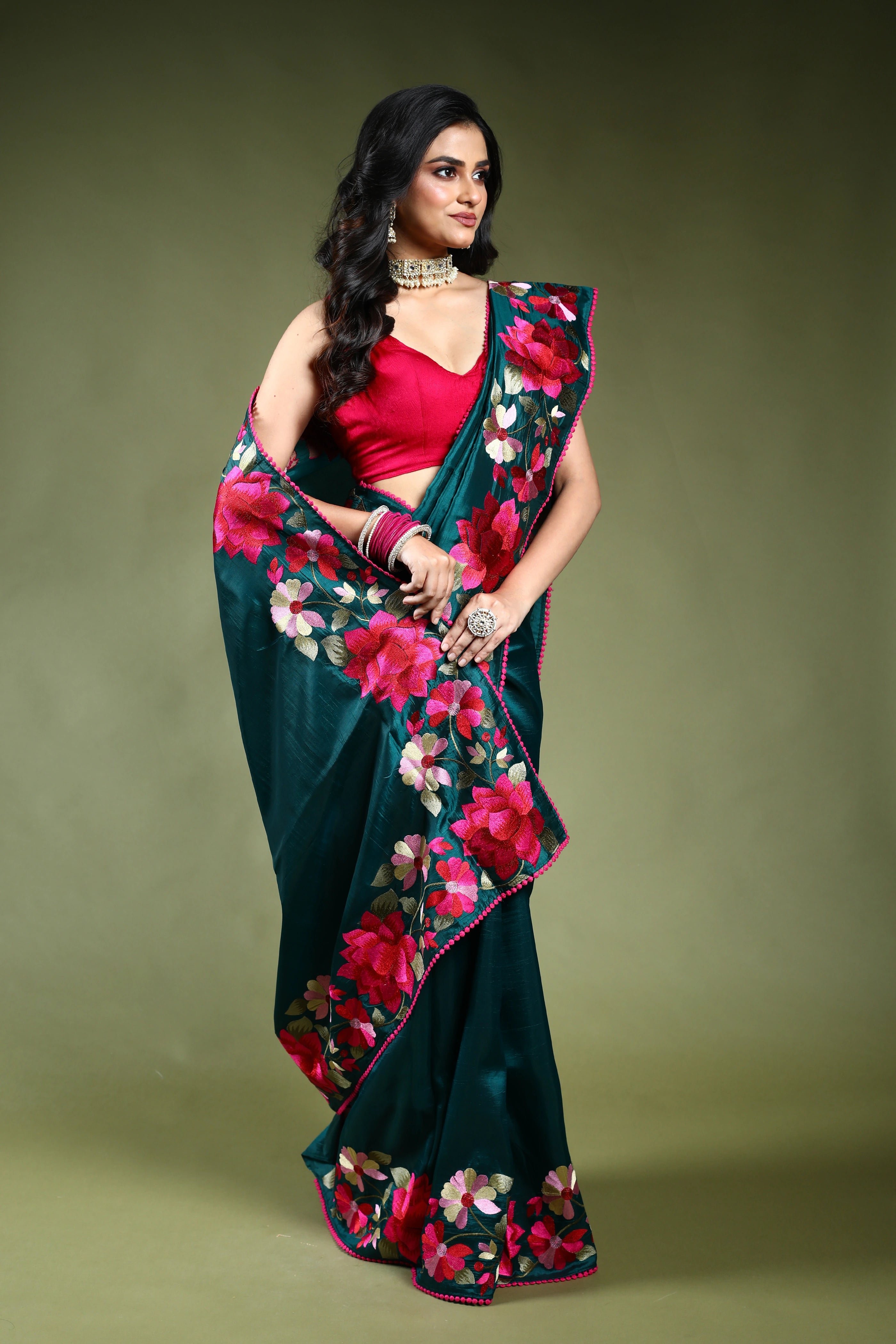 Bottle Green Semi Silk Saree with Blouse Piece