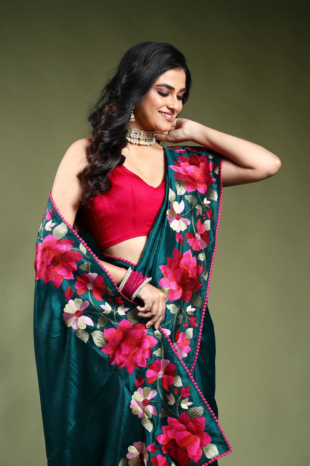 Bottle Green Semi Silk Saree with Blouse Piece