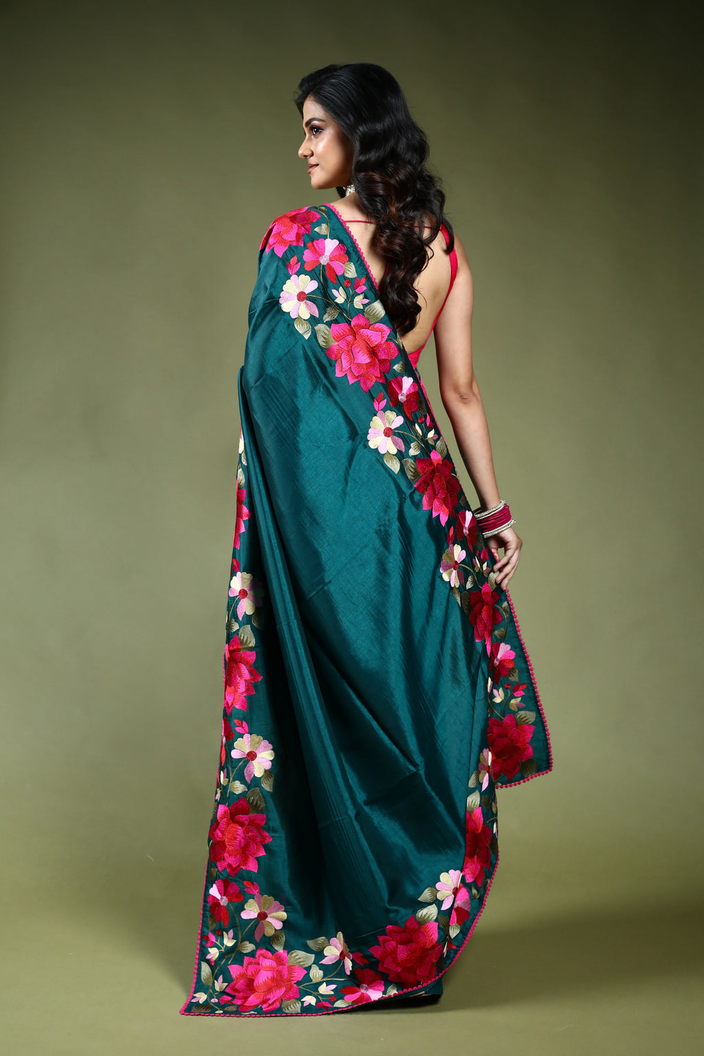 Bottle Green Semi Silk Saree with Blouse Piece