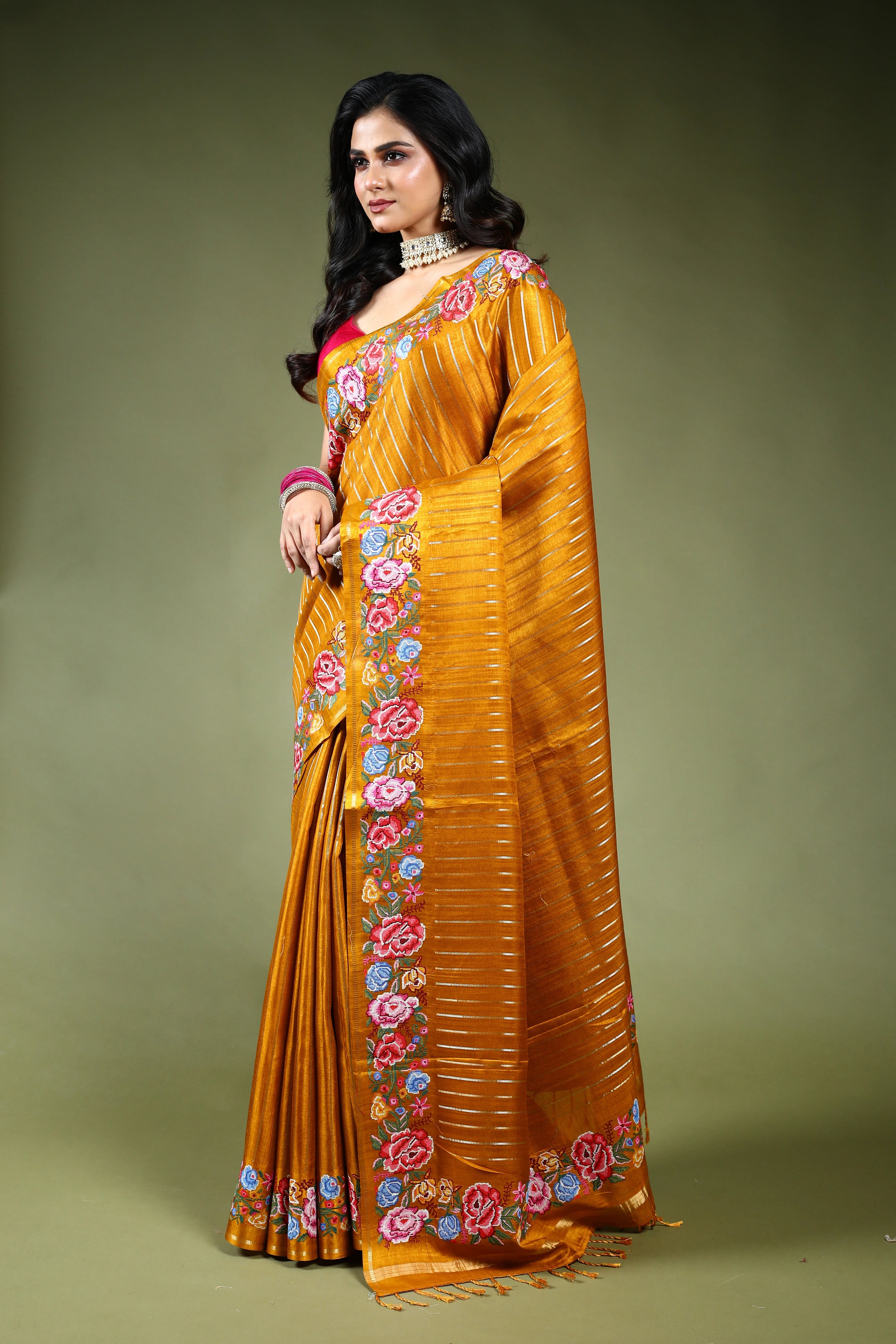 Mustard Yellow Semi Tussar Saree with Blouse Piece