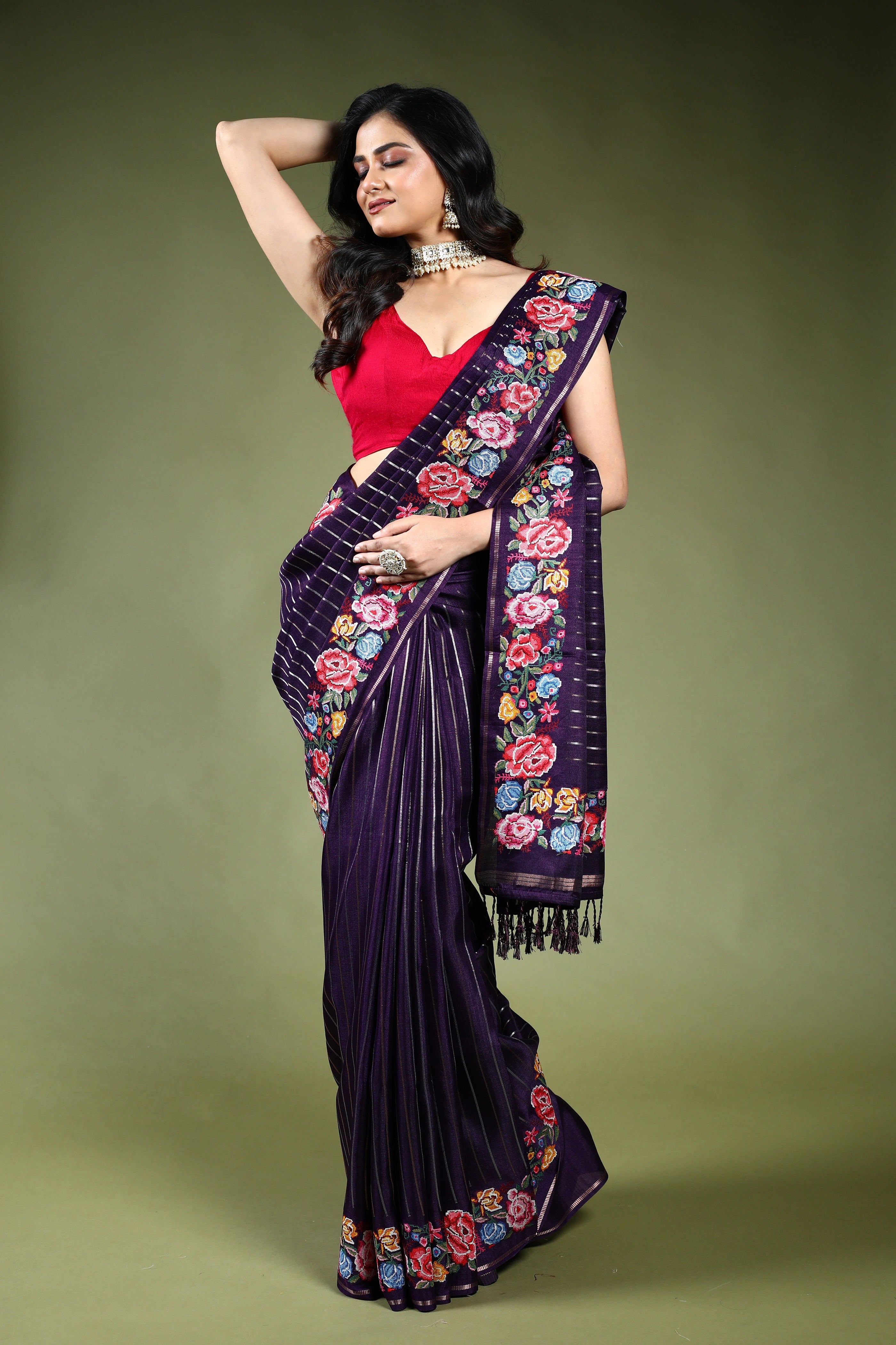 Dark Purple Semi Tussar Saree with Blouse Piece