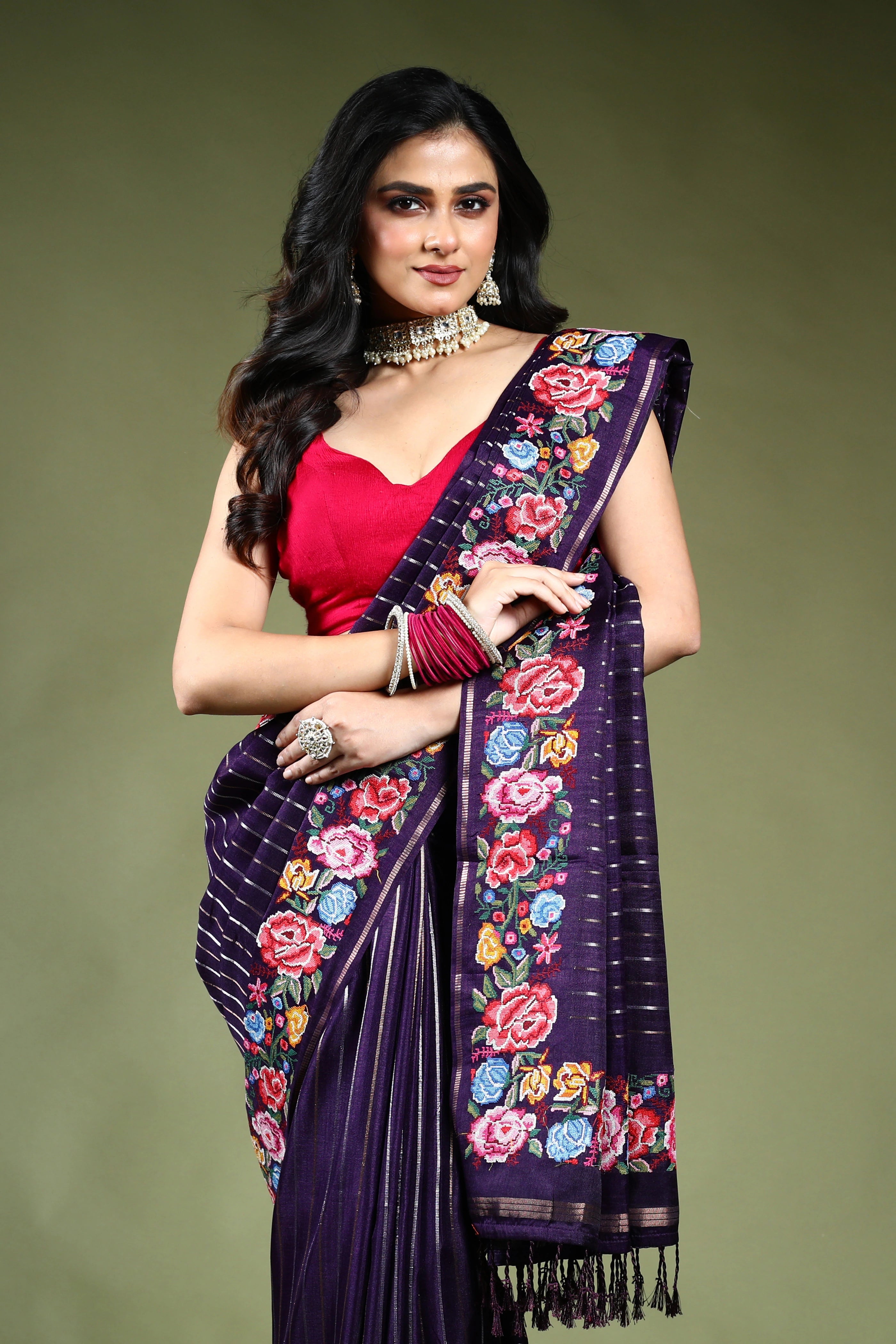 Dark Purple Semi Tussar Saree with Blouse Piece