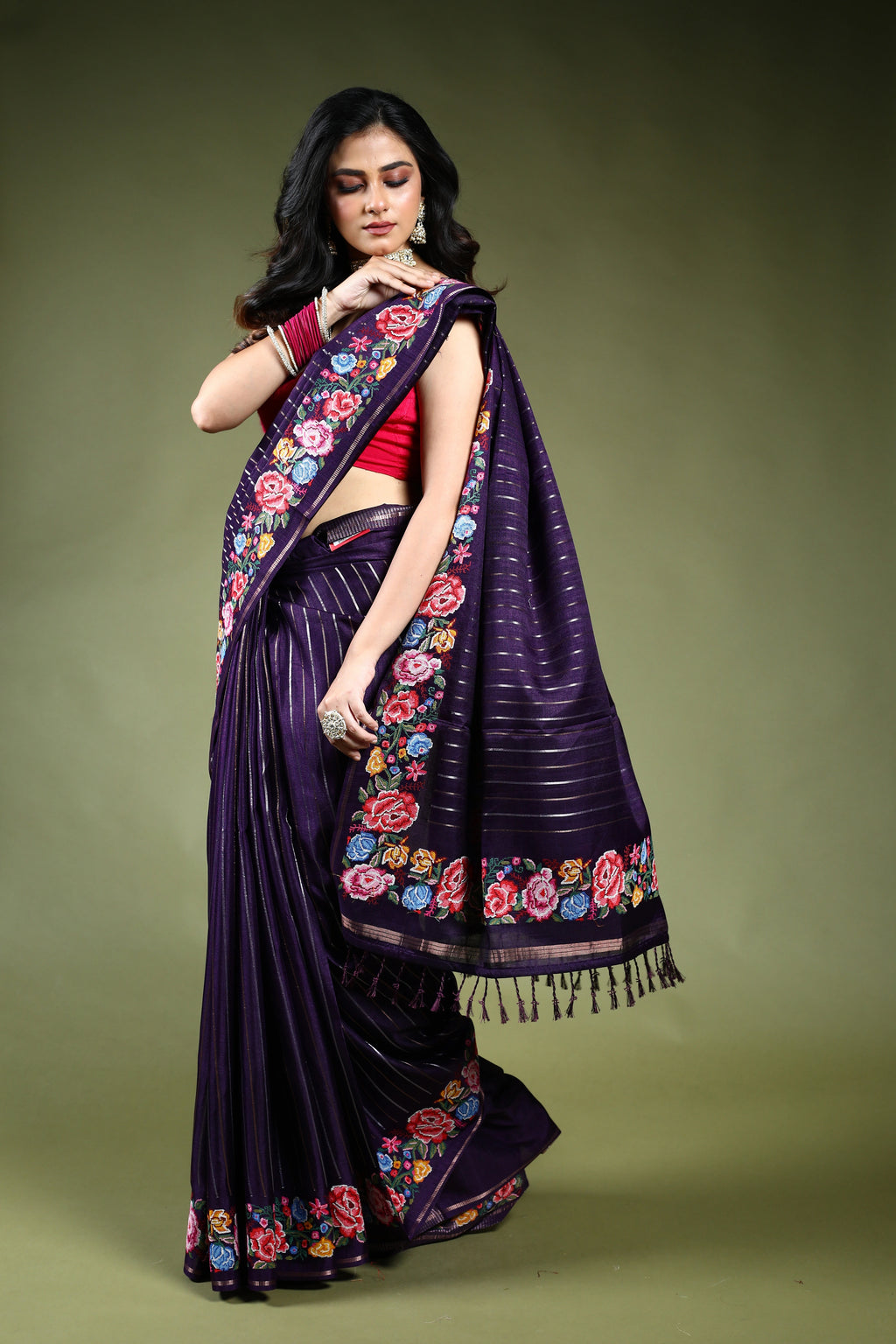 Dark Purple Semi Tussar Saree with Blouse Piece