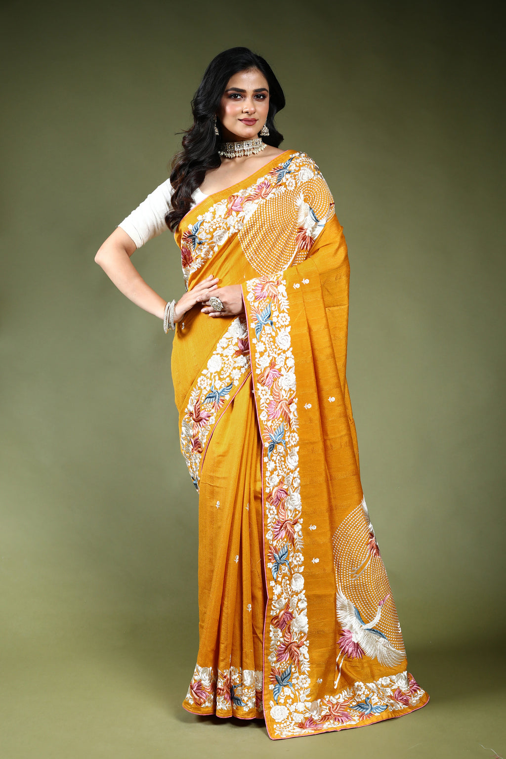 Mustard Yellow Semi Tussar Parsi Saree with Blouse Piece