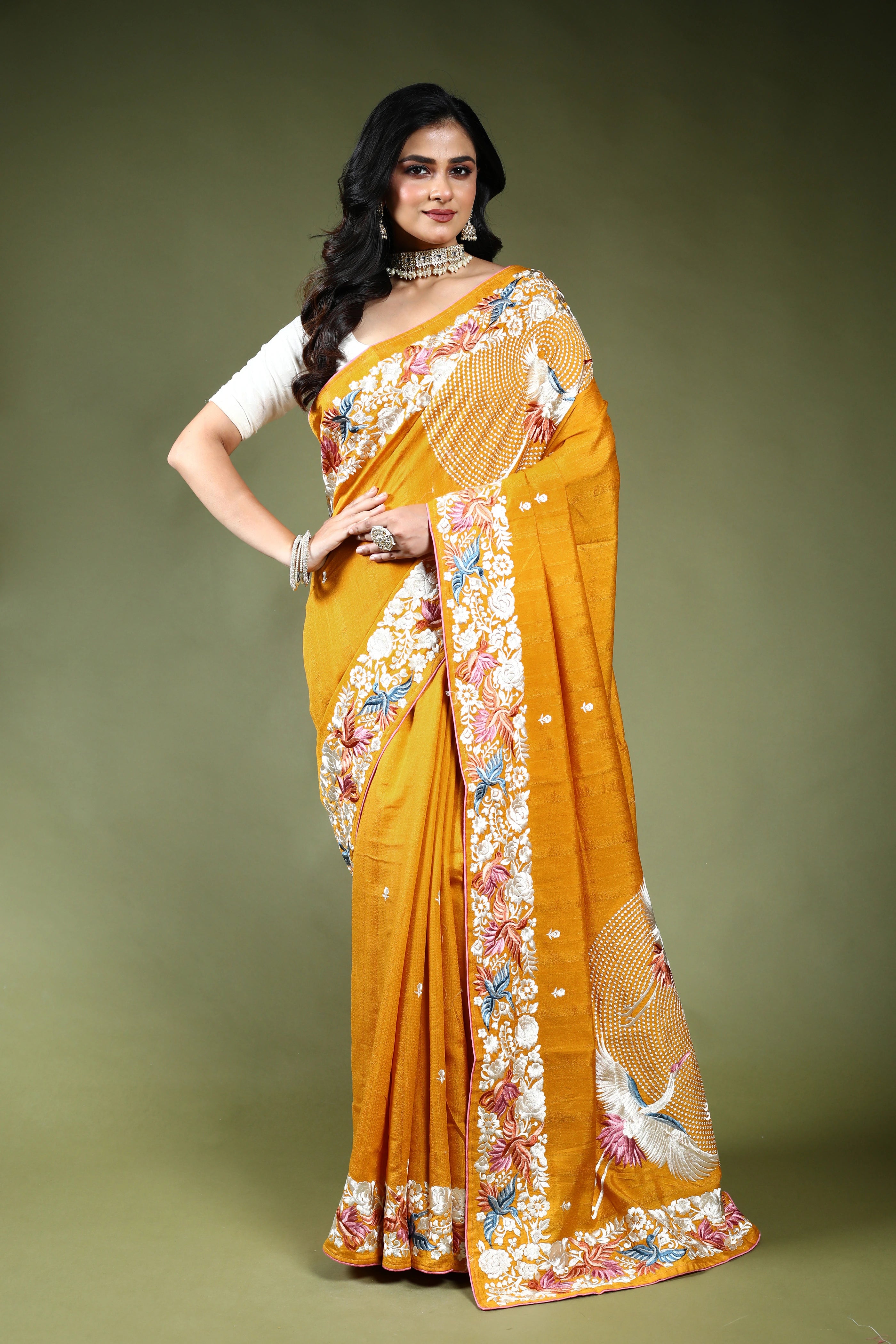 Mustard Yellow Semi Tussar Parsi Saree with Blouse Piece