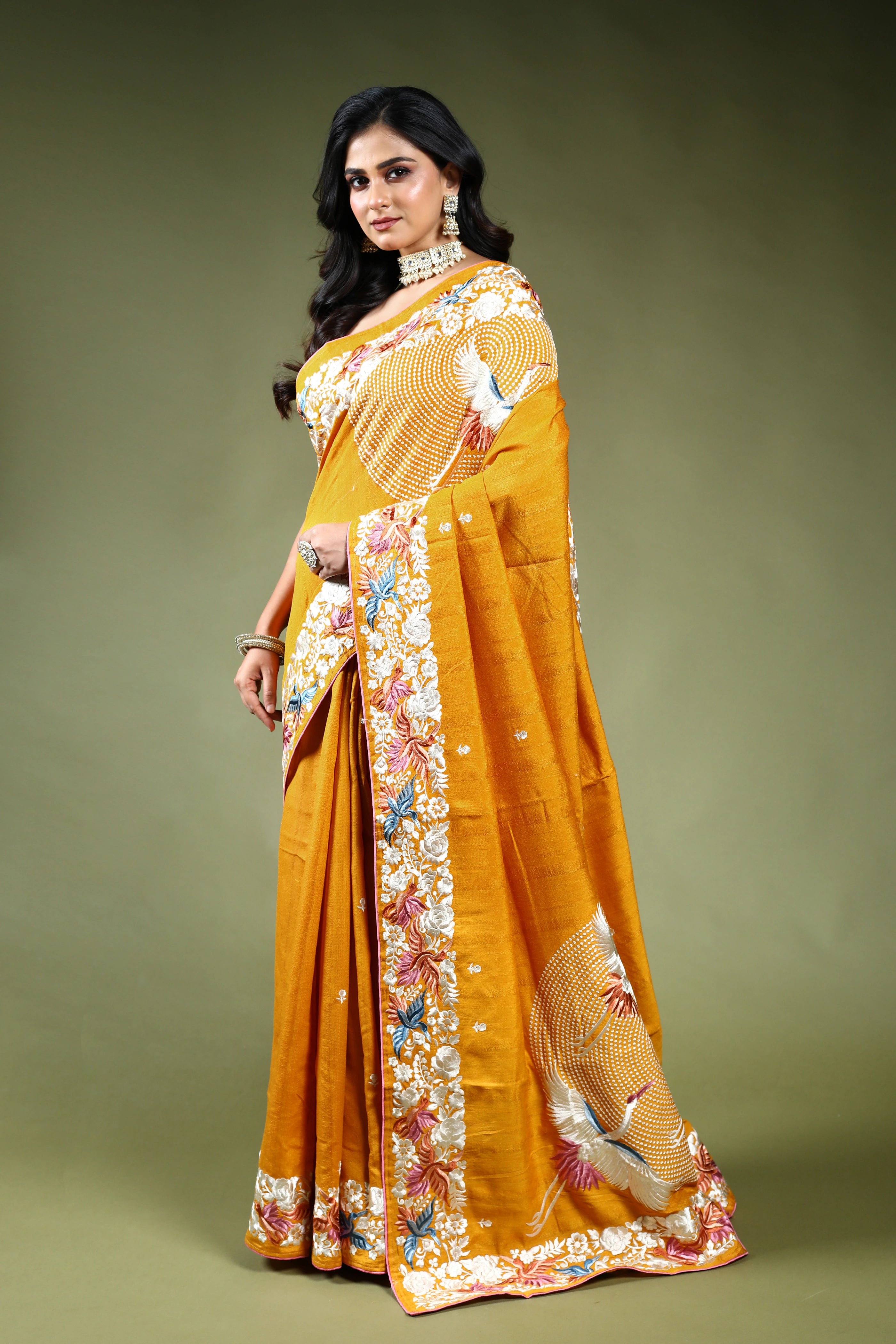 Mustard Yellow Semi Tussar Parsi Saree with Blouse Piece