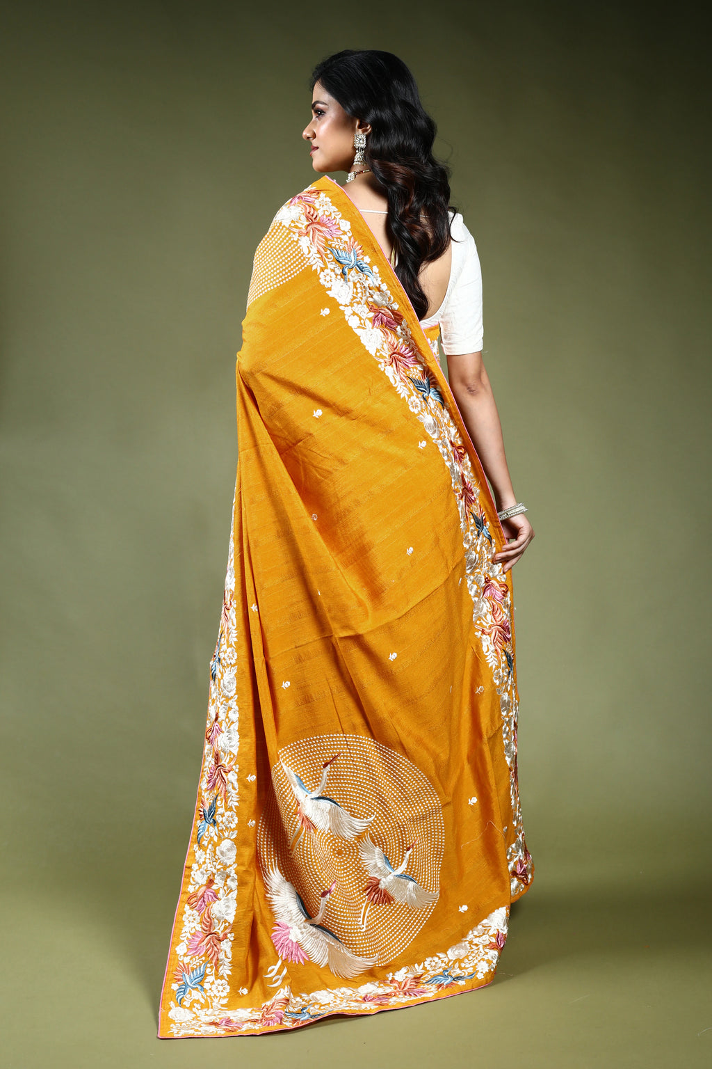 Mustard Yellow Semi Tussar Parsi Saree with Blouse Piece